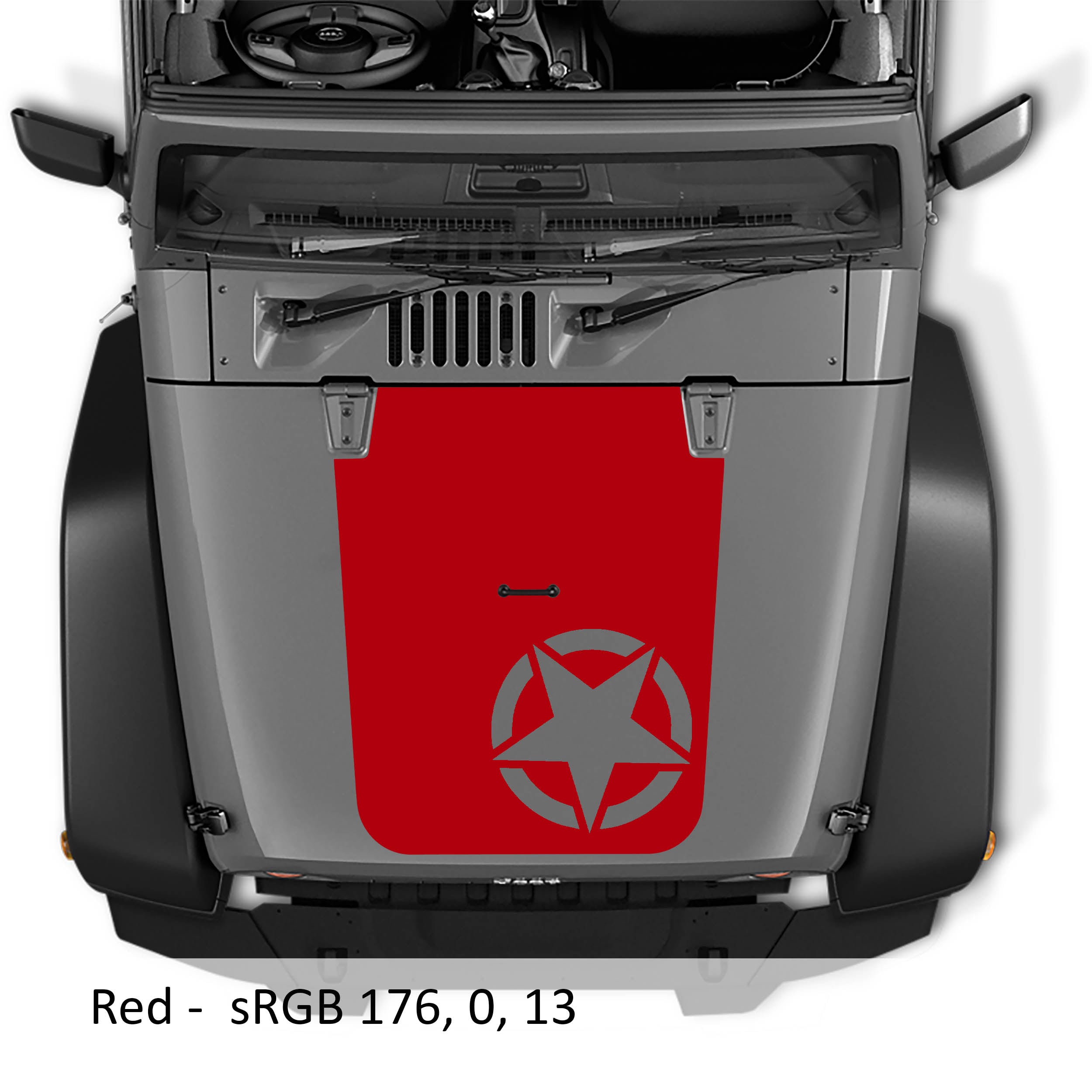 Red Alpha Romeo Star V2 blackout hood vinyl decal pictured on Jeep JK Wrangler hood