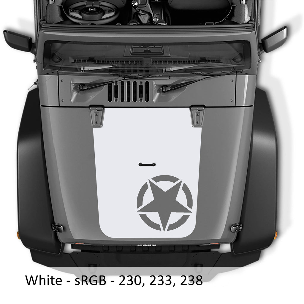 White Alpha Romeo Star V2 blackout hood vinyl decal on Jeep JK JKU Wrangler hood