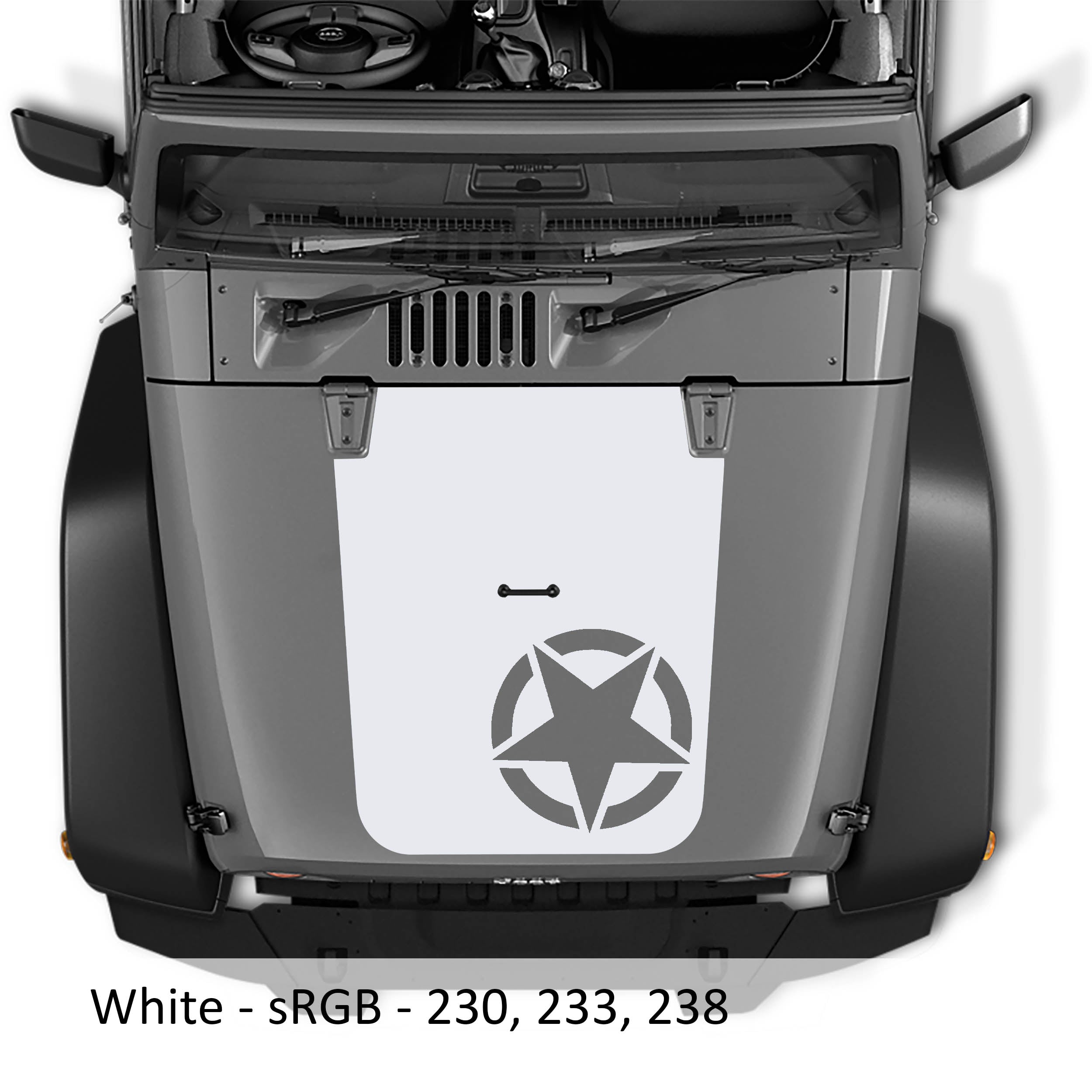 White Alpha Romeo Star V2 blackout hood vinyl decal on Jeep JK JKU Wrangler hood
