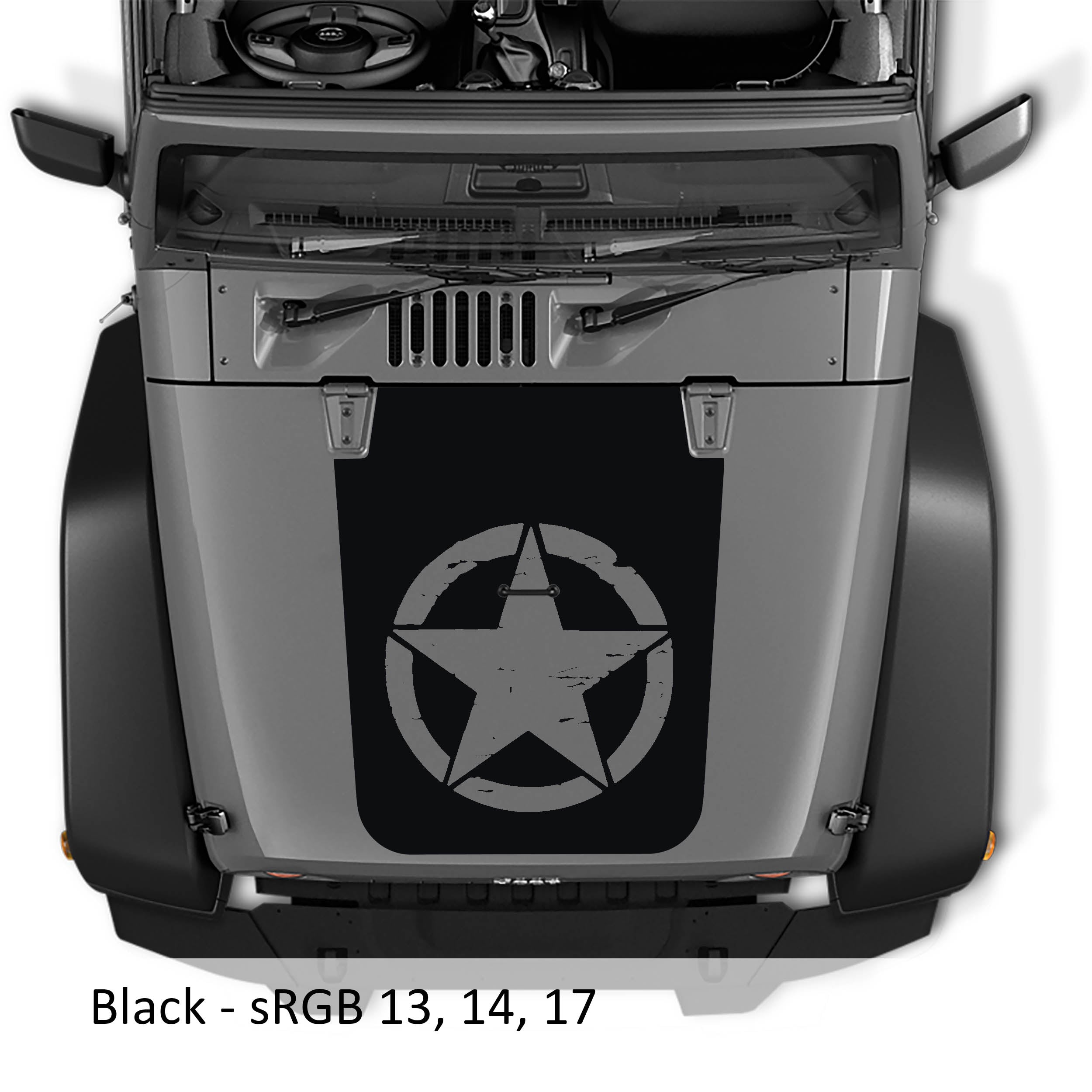 Black distressed Alpha Romeo star blackout hood vinyl decal pictured on Jeep JK Wrangler