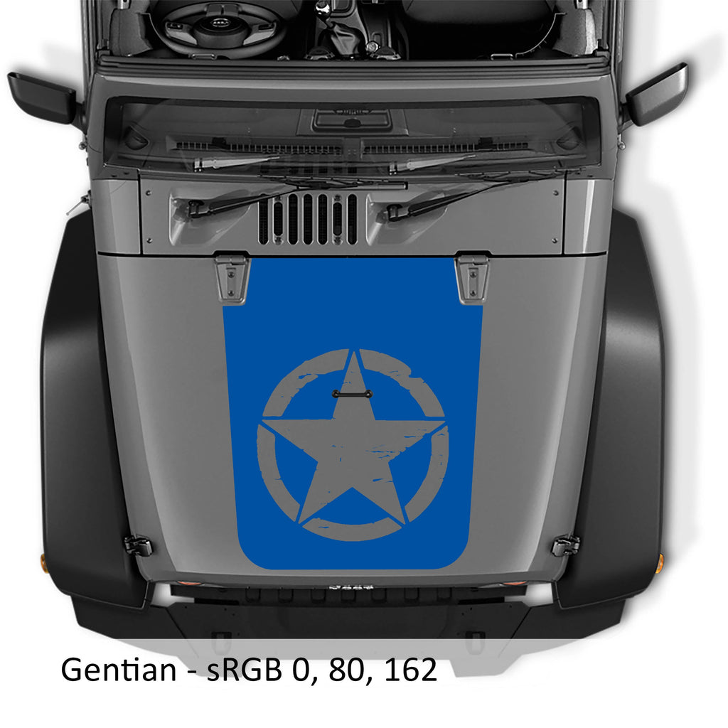 Gentian blue distressed Alpha Romeo star blackout hood decal on Jeep JK Wrangler