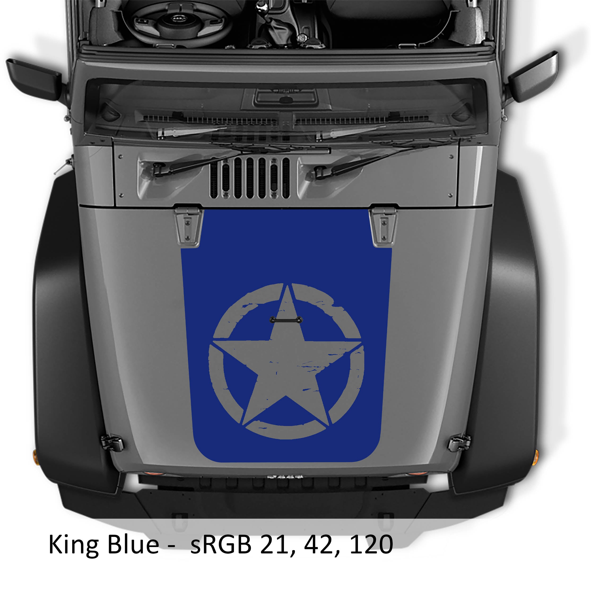 King blue distressed Alpha Romeo star blackout hood decal on Jeep JK JKU Wrangler