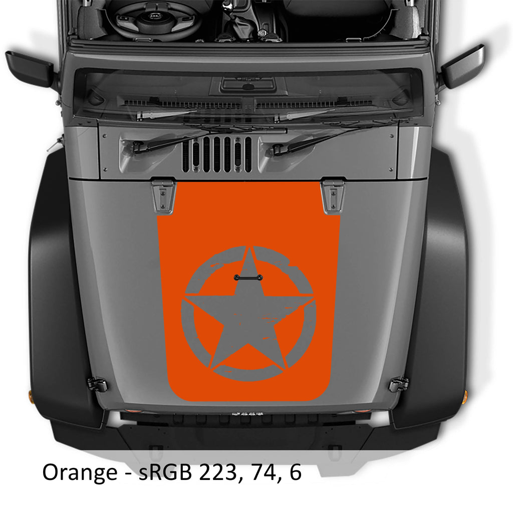 Orange distressed Alpha Romeo star blackout hood vinyl decal on Jeep JK Wrangler
