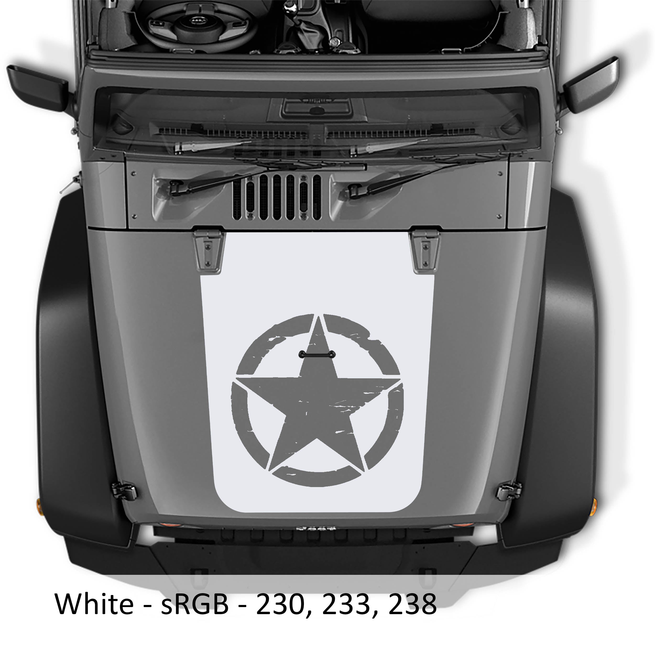 White distressed Alpha Romeo star blackout hood vinyl decal pictured on Jeep JK Wrangler
