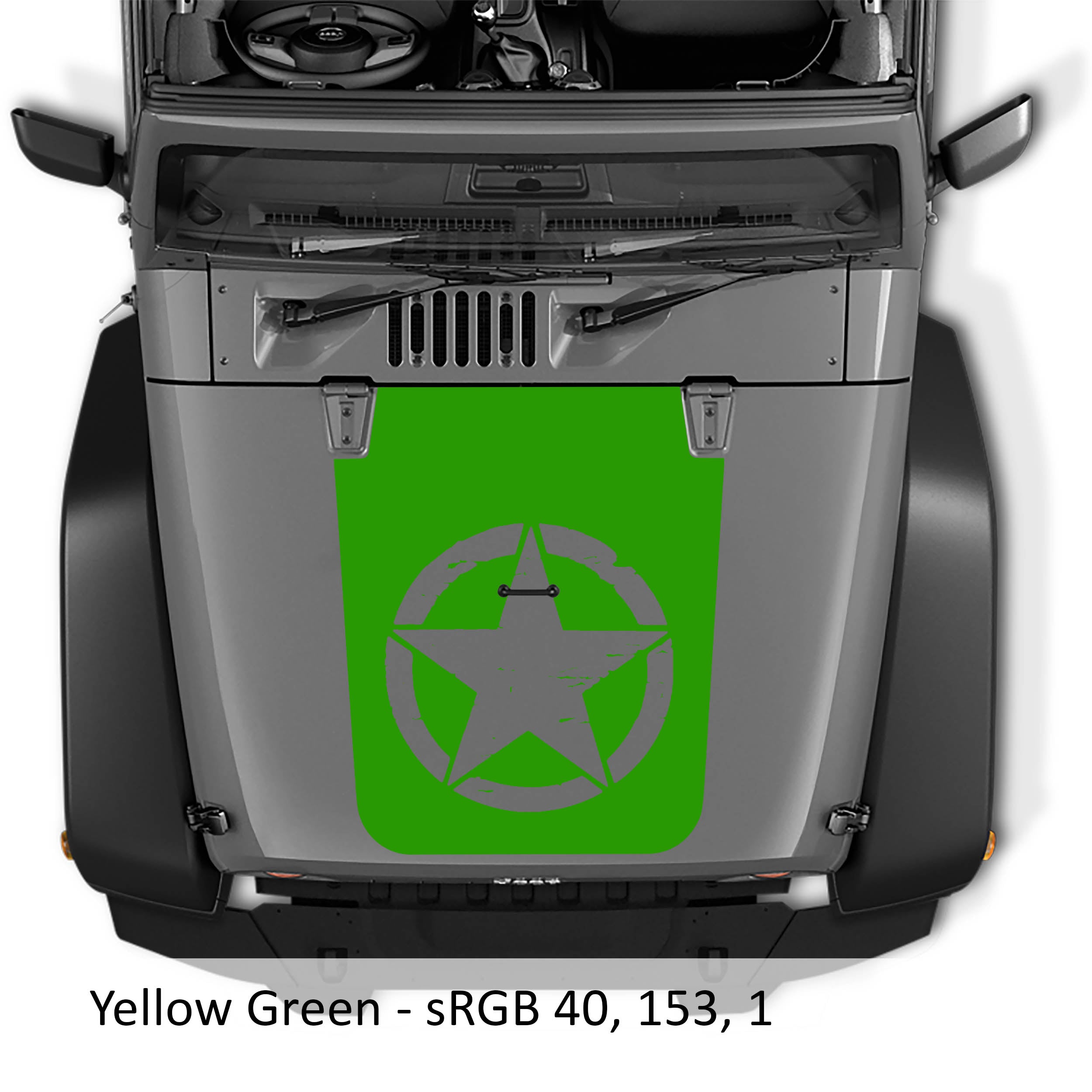 Yellow green distressed Alpha Romeo star blackout hood decal on Jeep JK Wrangler