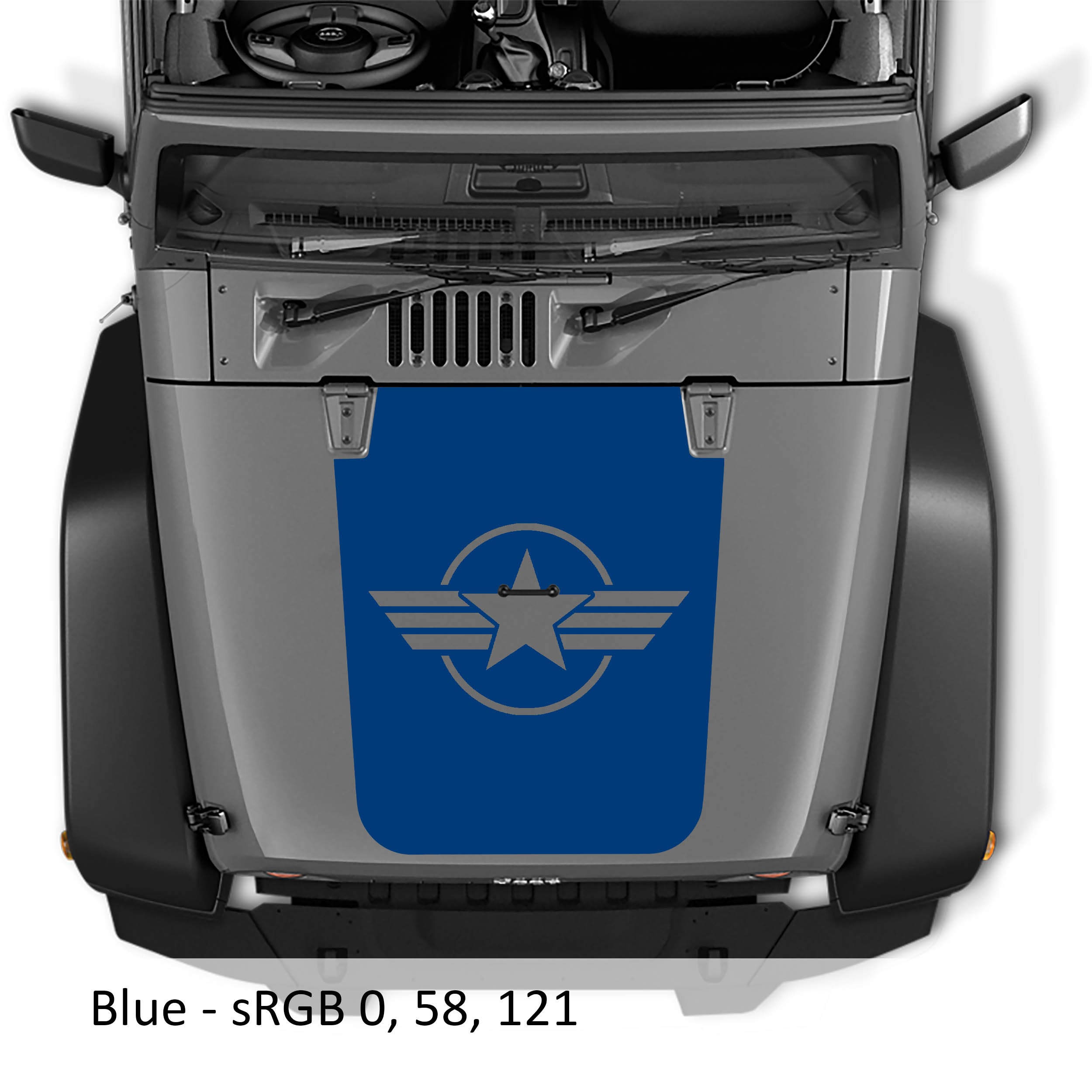 Royal blue Military Roundel Star blackout hood decal on silver Jeep Wrangler JK with circled star and stripes