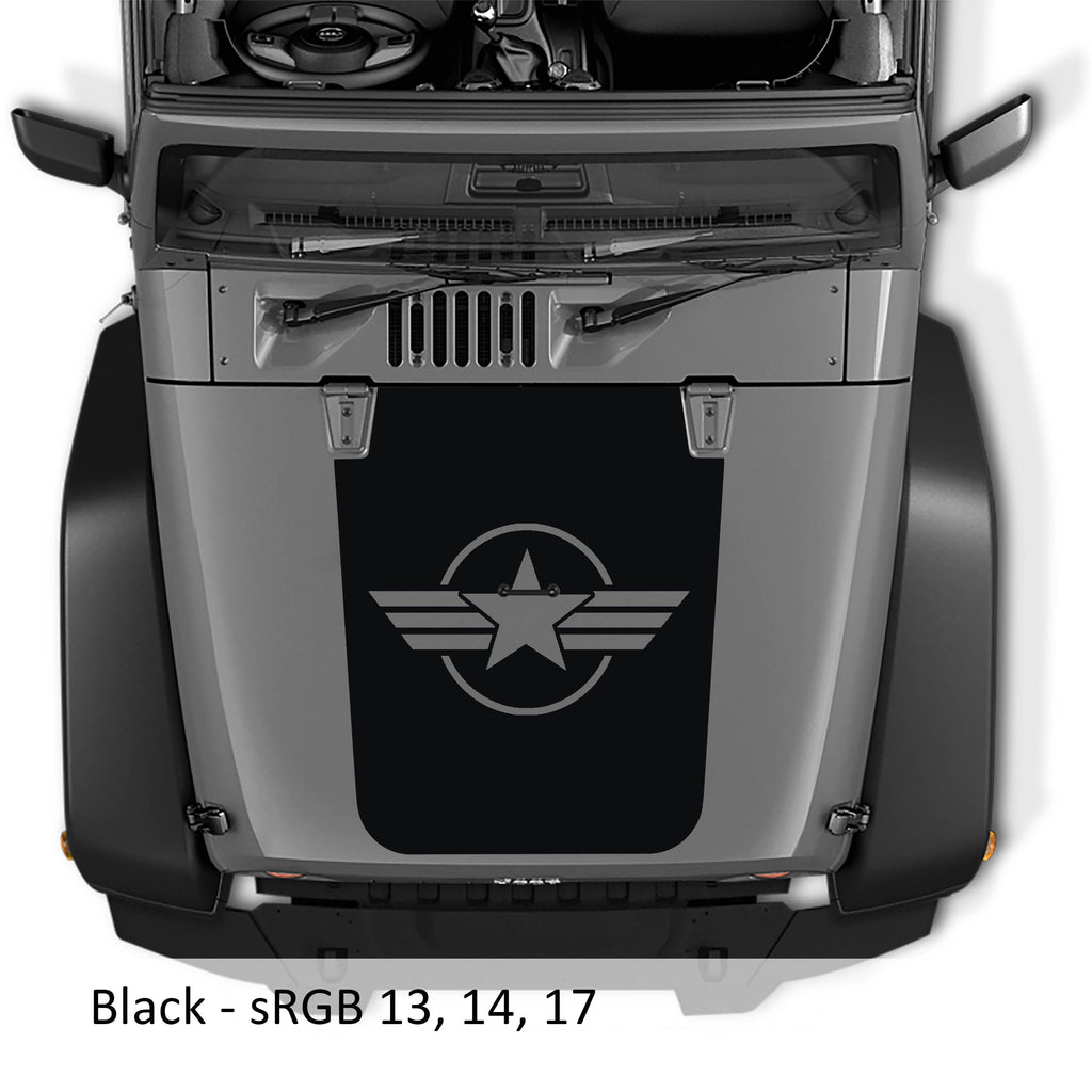 Black Military Roundel Star blackout hood decal on silver Jeep Wrangler JK with circled star and side stripes