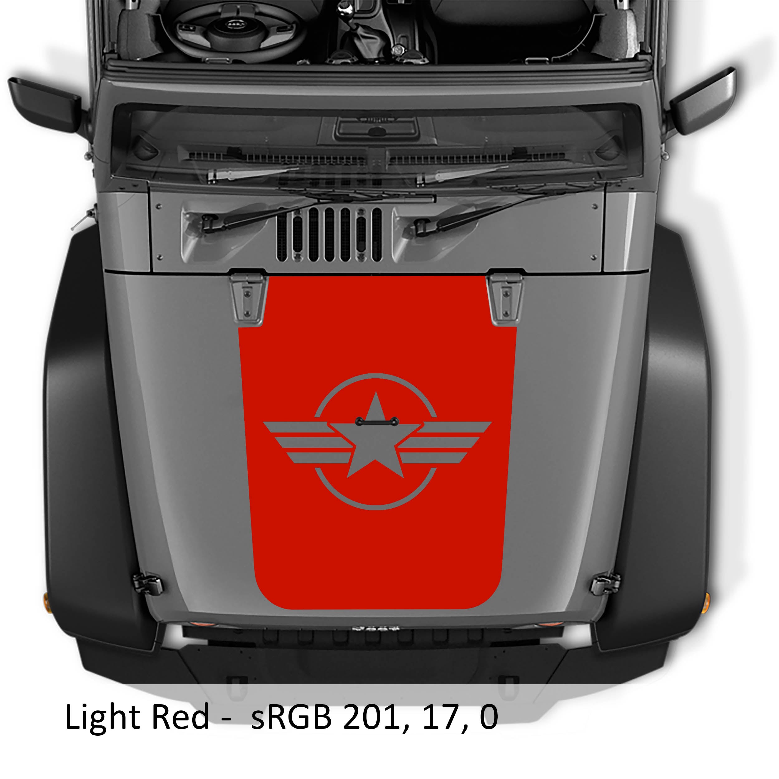 Light red Military Roundel Star blackout hood decal on silver Jeep Wrangler JK with circled star and stripes