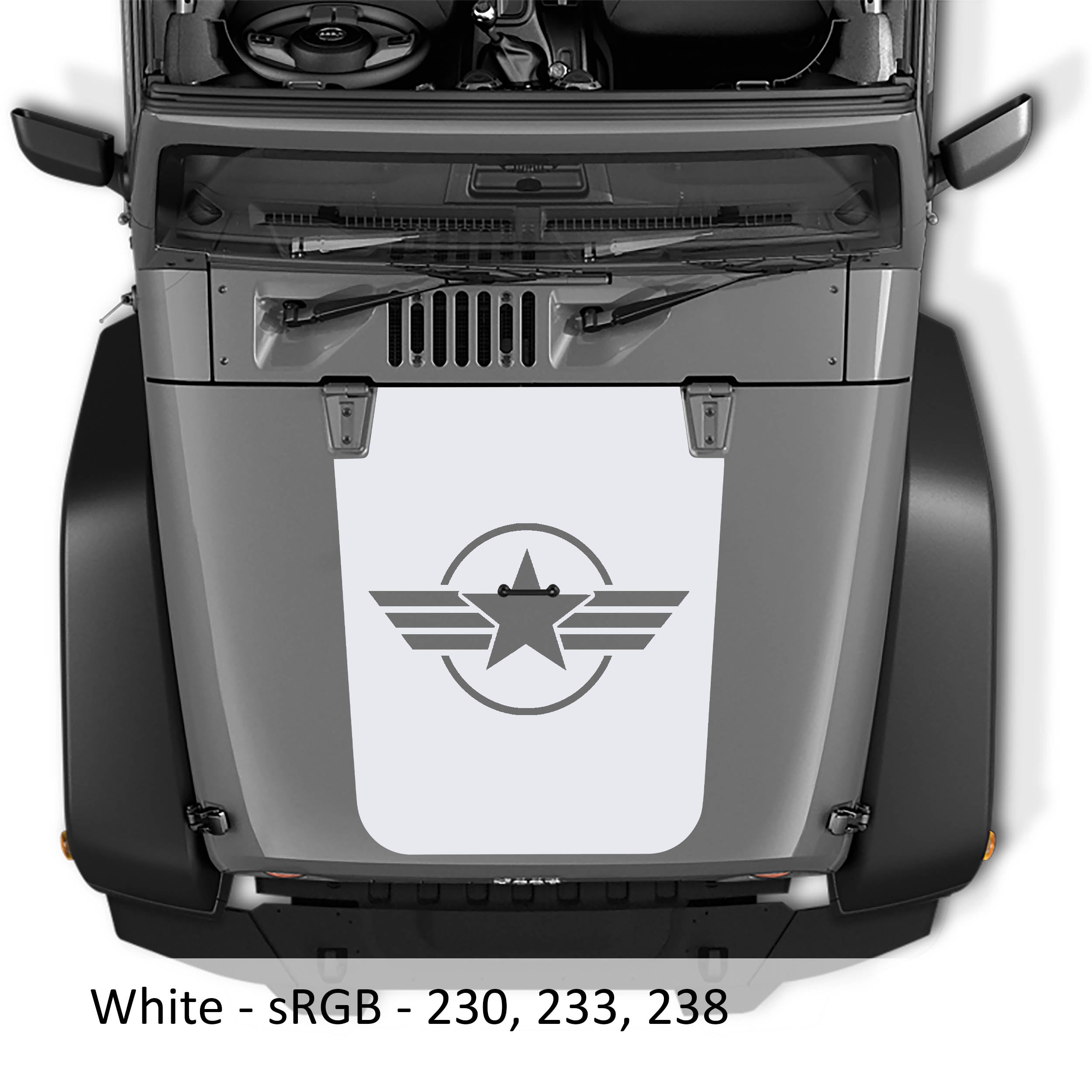 White Military Roundel Star blackout hood decal on silver Jeep Wrangler JK with circled star and twin stripes