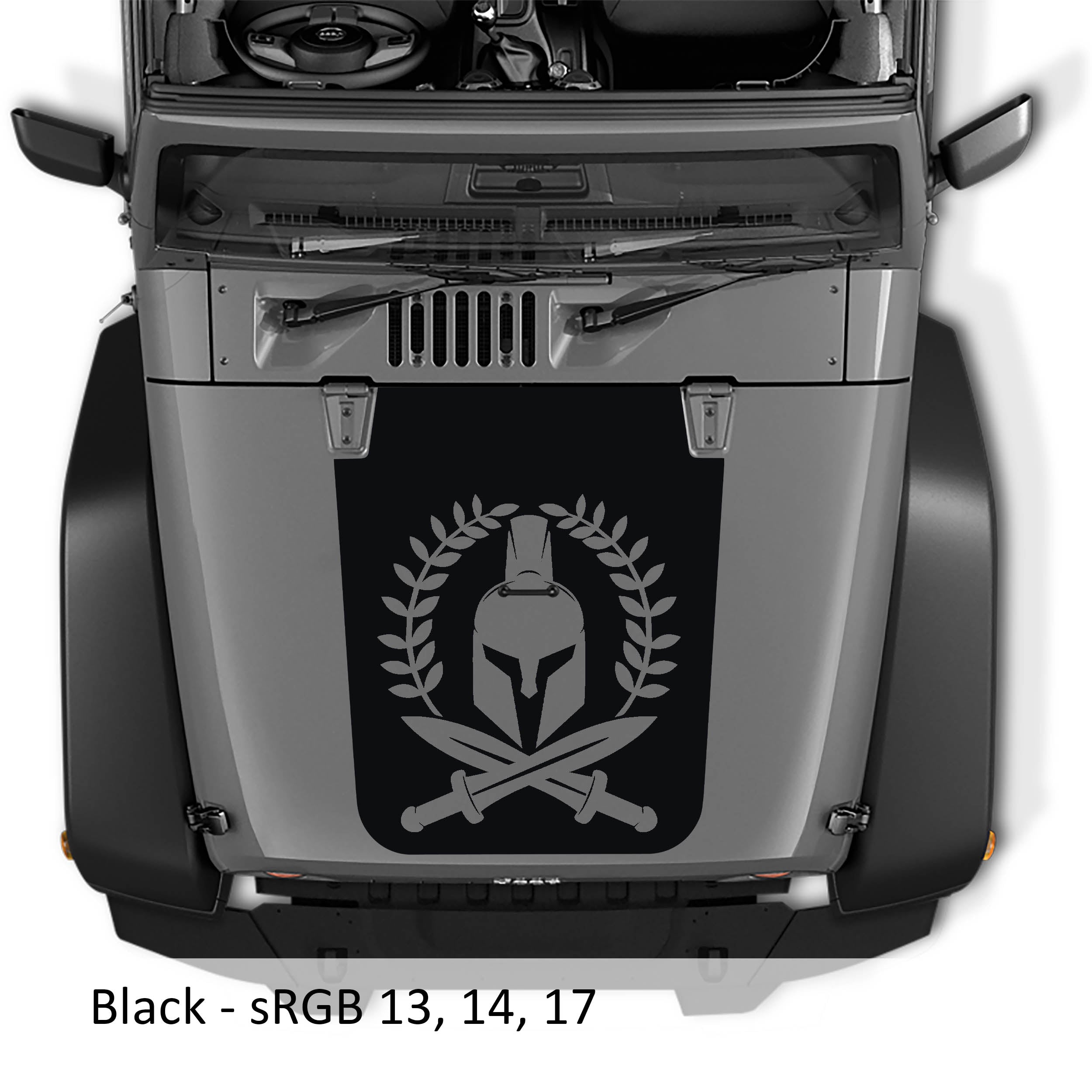 Black Spartan Leaf blackout hood decal on silver Jeep Wrangler JK with helmet laurel wreath and crossed swords