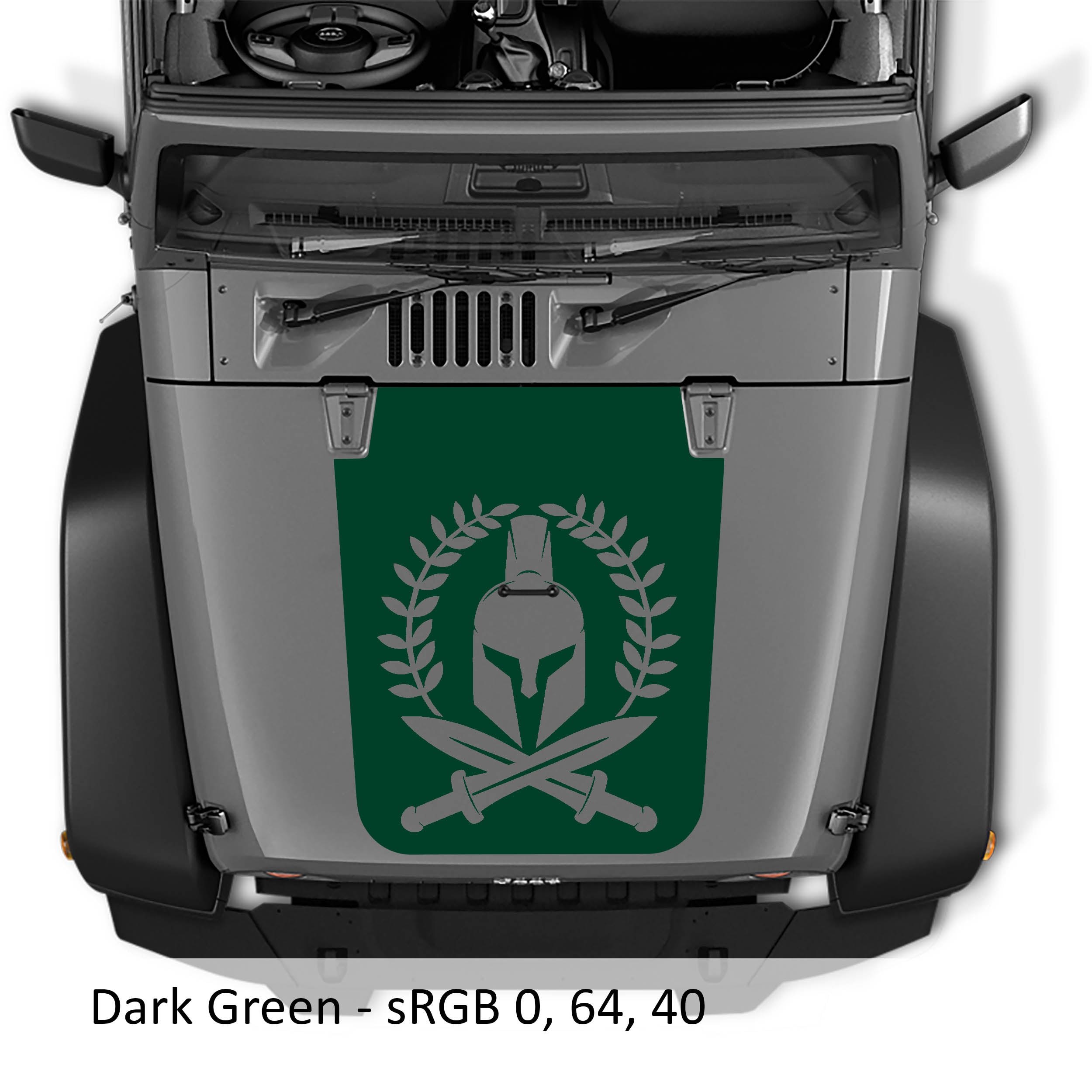 Dark green Spartan Leaf blackout hood decal on silver Jeep Wrangler JK with helmet wreath and crossed swords