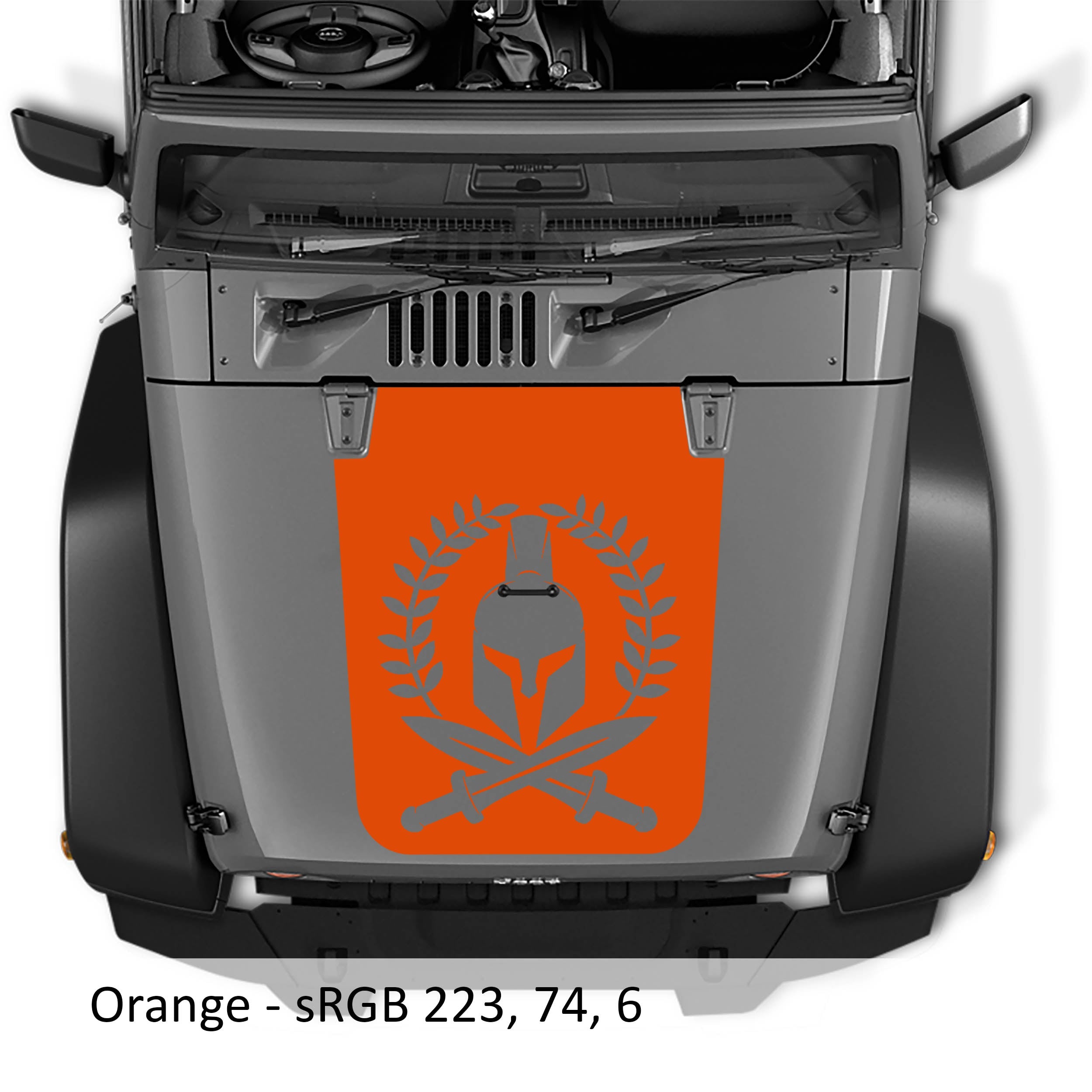 Orange Spartan Leaf blackout hood decal on silver Jeep Wrangler JK featuring Spartan helmet and laurel art