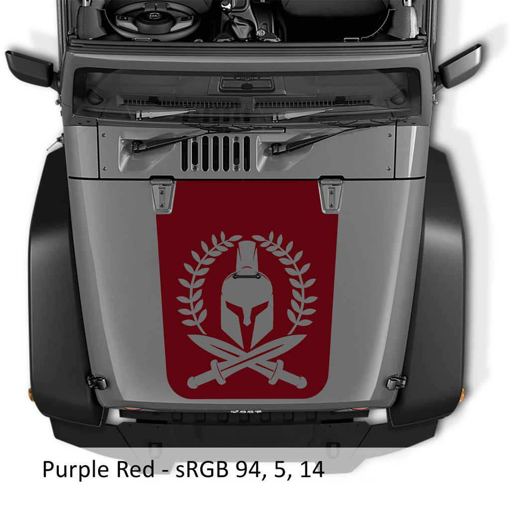 Purple-red Spartan Leaf blackout hood decal on silver Jeep Wrangler JK with helmet laurel and crossed swords