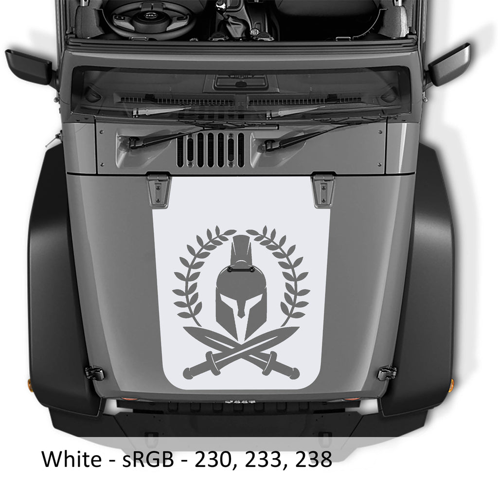 White Spartan Leaf blackout hood decal applied to silver Jeep Wrangler JK with helmet laurel and swords art