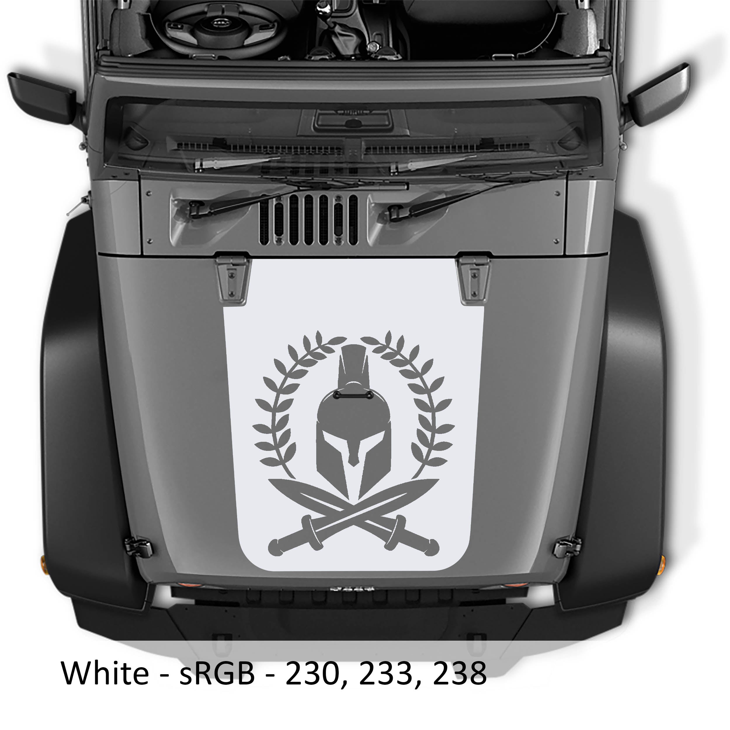 White Spartan Leaf blackout hood decal applied to silver Jeep Wrangler JK with helmet laurel and swords art
