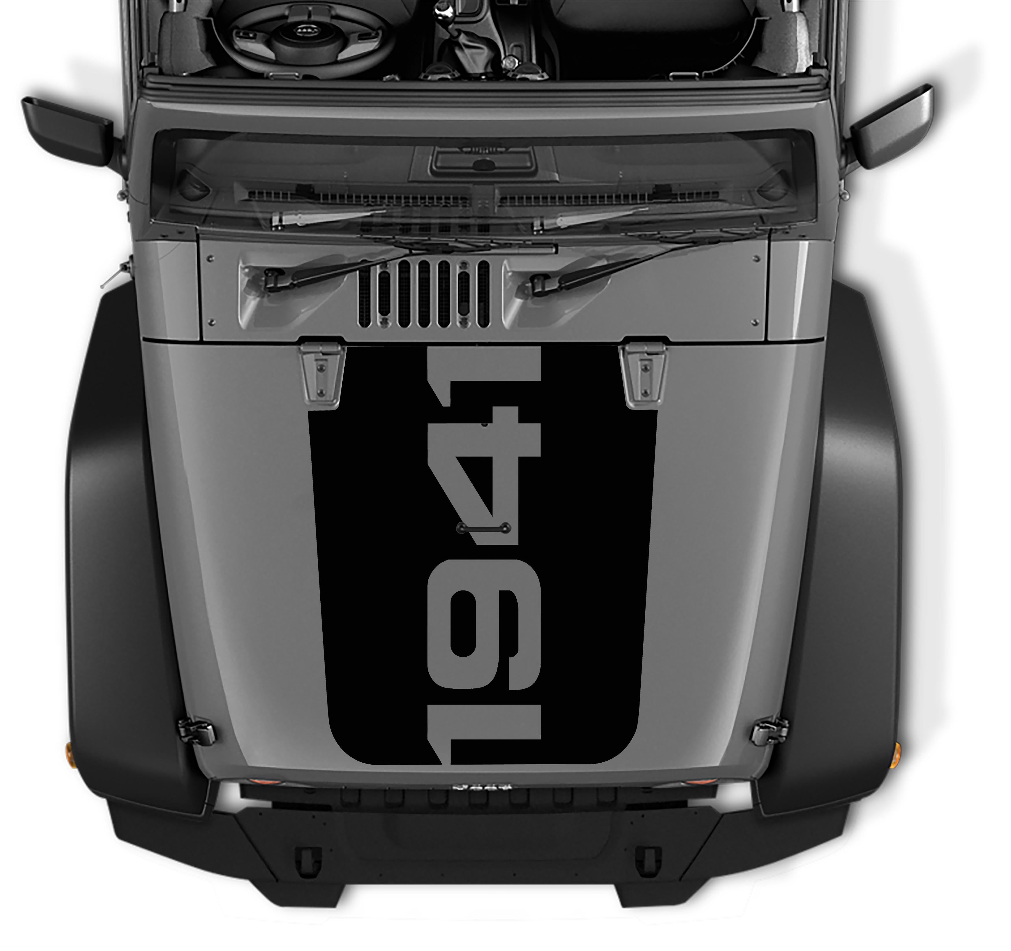 JK 1941 Jeep Wrangler hood blackout decal in black vinyl with vertical 1941 text on backing