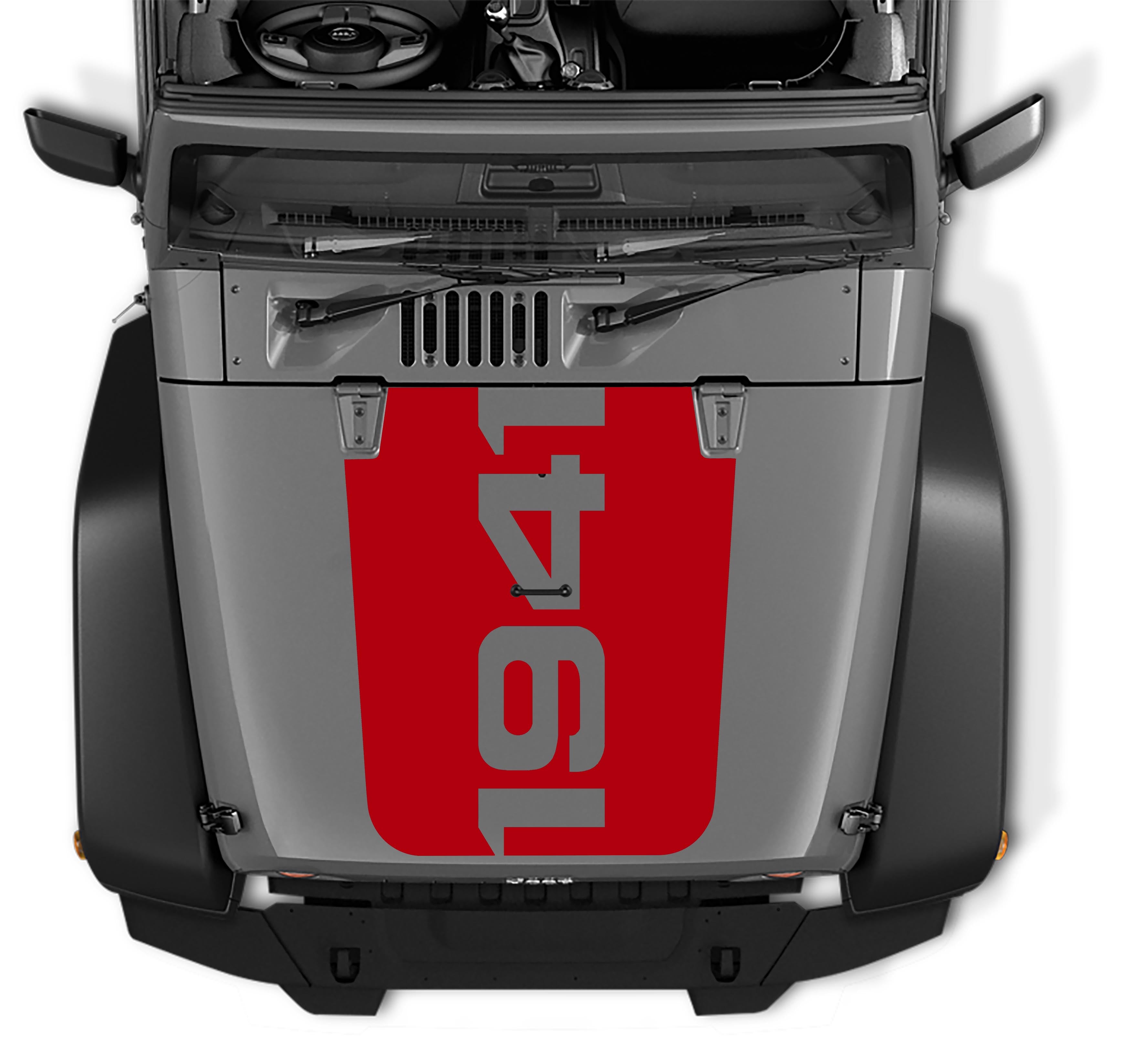 Red 1941 throwback blackout hood vinyl decal applied on 2007-2017 Jeep Wrangler JK JKU hood