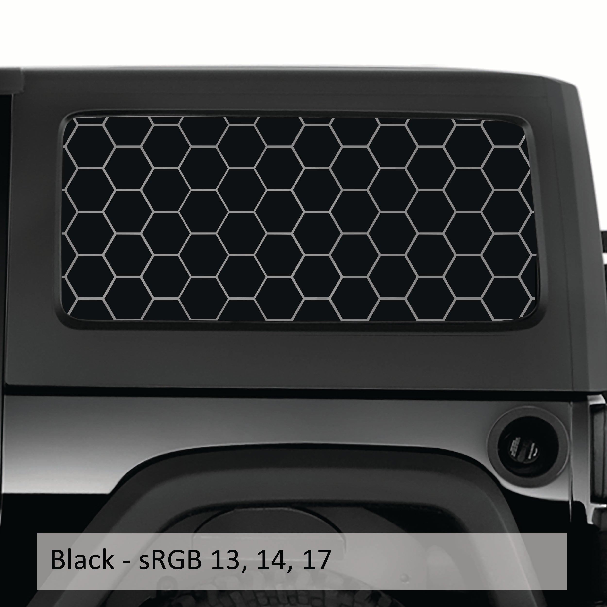 Black honeycomb hex mesh pattern hardtop window decal installed on black Jeep Wrangler JKU rear