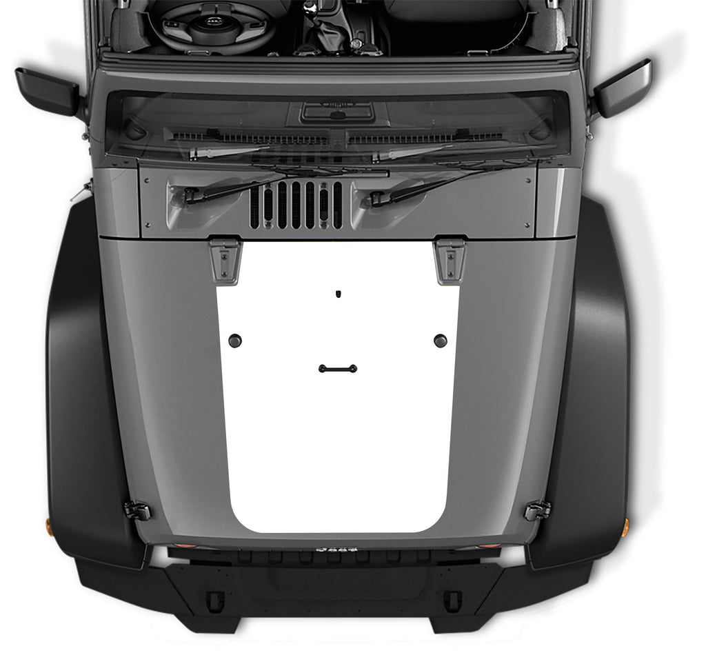 White blackout hood vinyl decal applied to 2007-2017 Jeep Wrangler JK JKU hood center