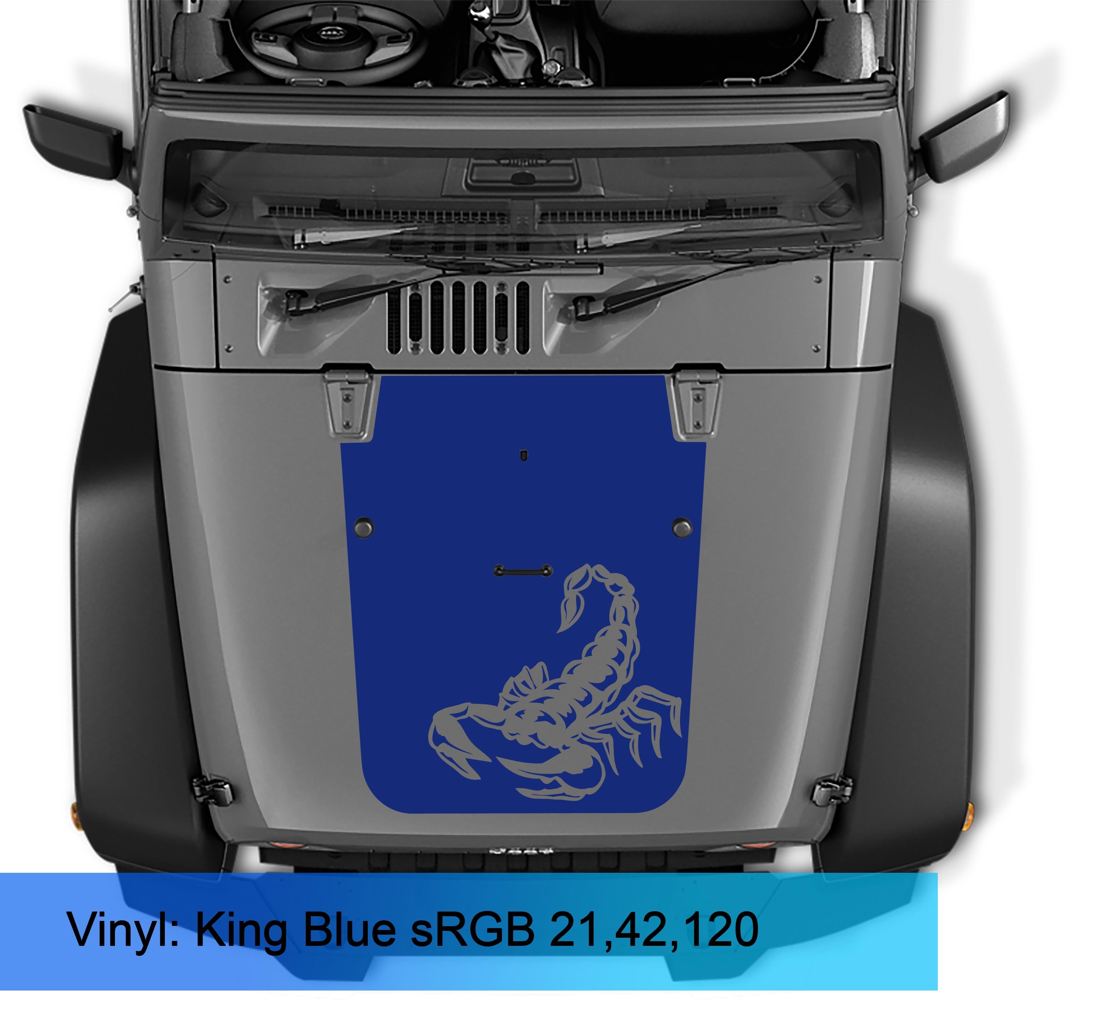 King Blue scorpion blackout hood decal applied to gray Jeep Wrangler JK hood panel