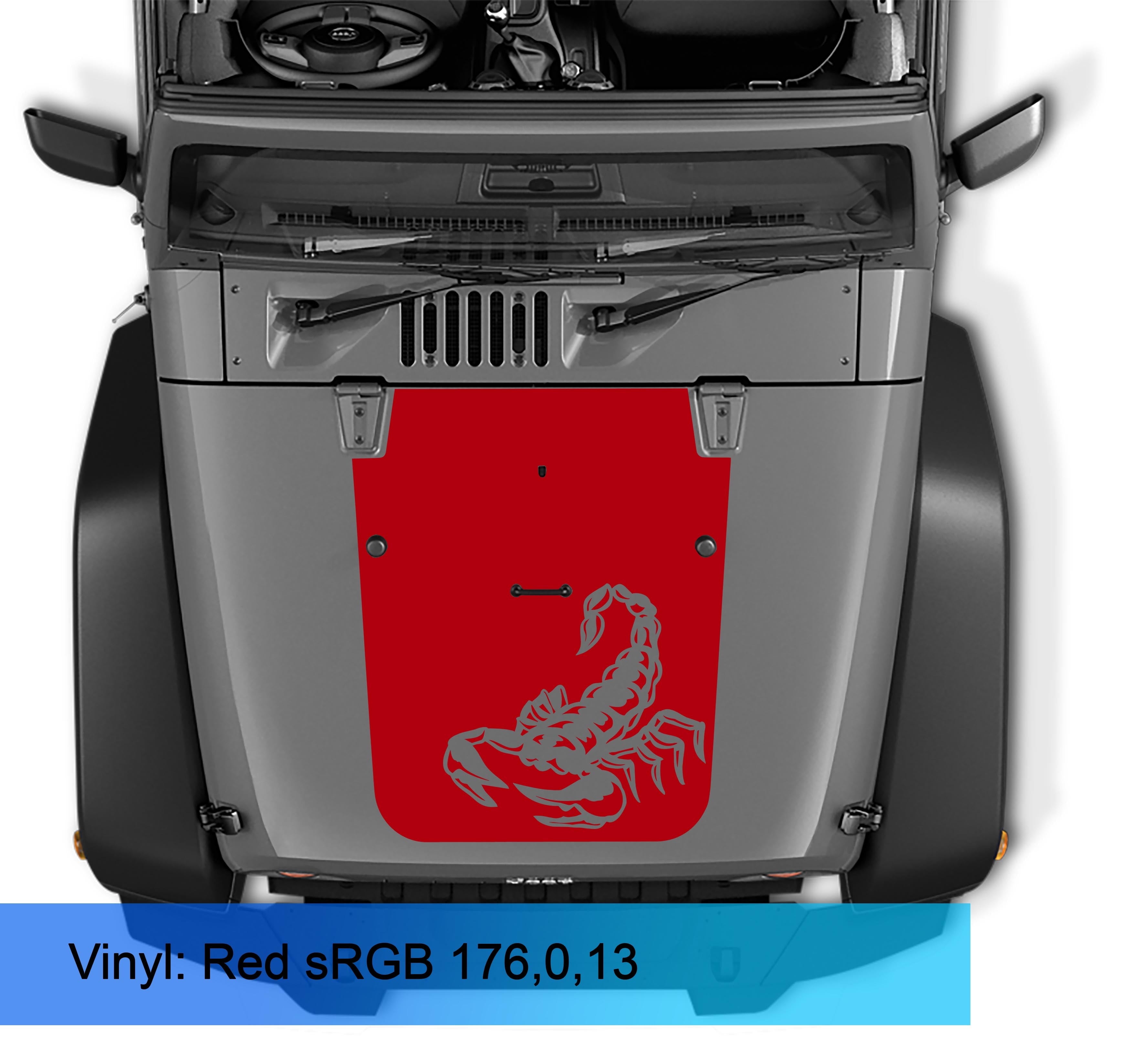 Red scorpion blackout hood vinyl decal on grey Jeep Wrangler JK JKU hood viewed from above