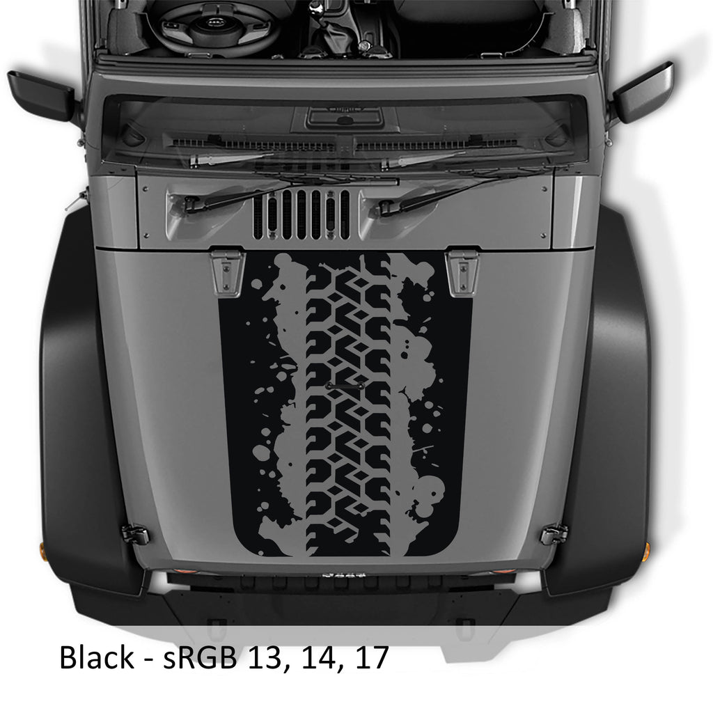 Black Mud Tire Track blackout hood decal on silver Jeep Wrangler JK showing splattered tread mark pattern art