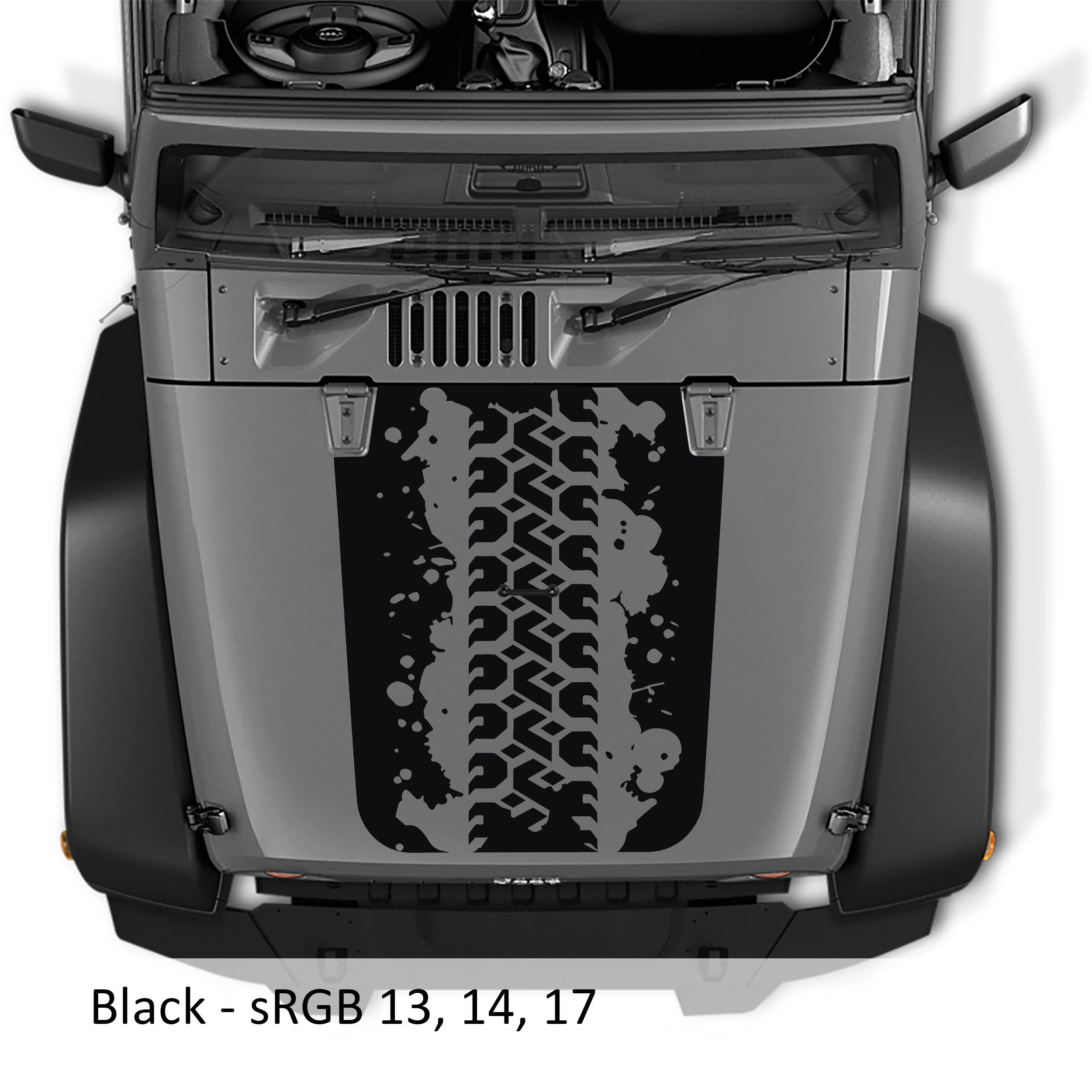Black Mud Tire Track blackout hood decal on silver Jeep Wrangler JK showing splattered tread mark pattern art