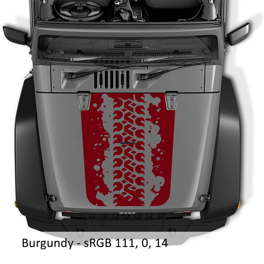 Burgundy Mud Tire Track blackout hood decal on silver Jeep Wrangler JK with splattered tread pattern artwork