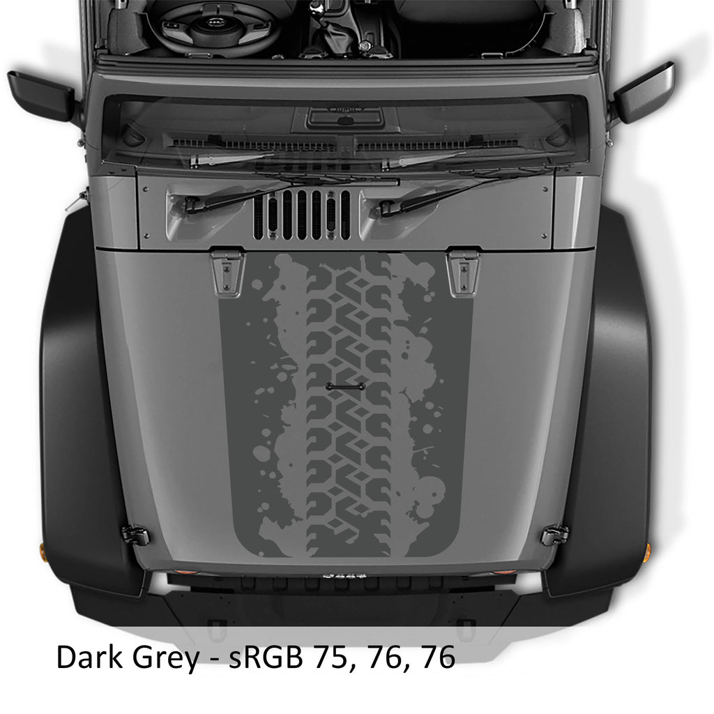 Dark grey Mud Tire Track blackout hood decal on silver Jeep Wrangler JK with splattered tire tread art design