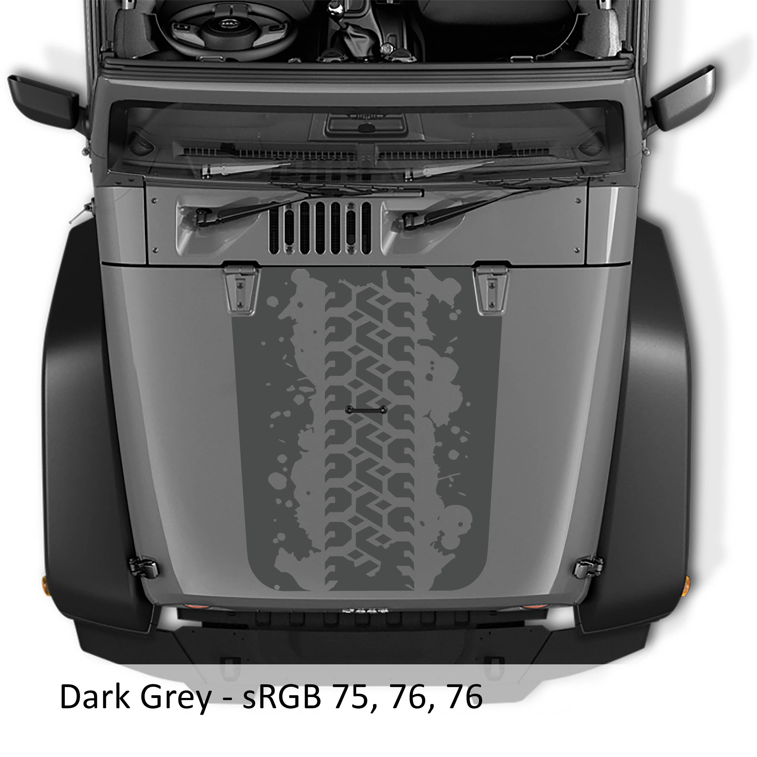 Dark grey Mud Tire Track blackout hood decal on silver Jeep Wrangler JK with splattered tire tread art design