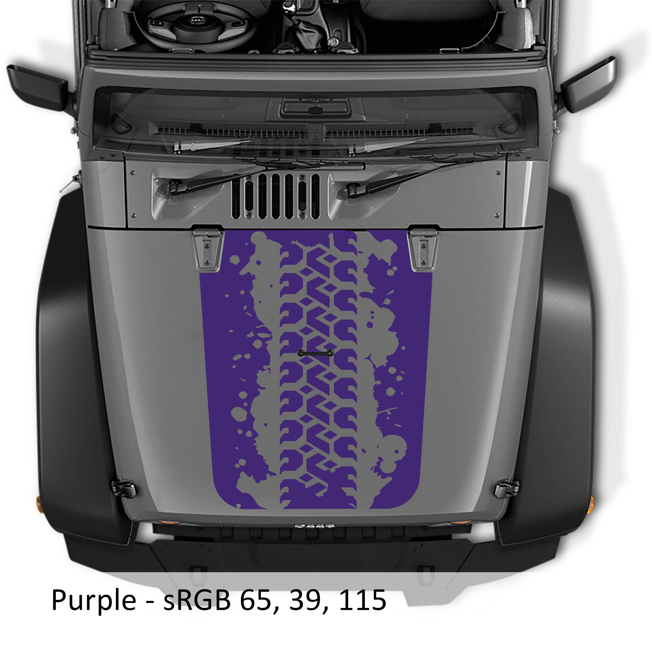 Purple Mud Tire Track blackout hood decal on silver Jeep Wrangler JK with splattered tire tread mark pattern