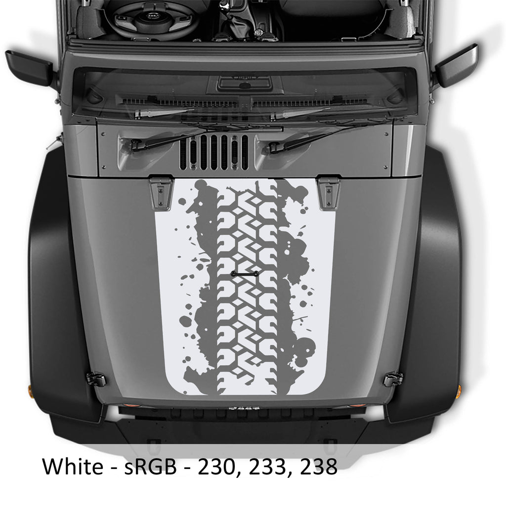 White Mud Tire Track blackout hood decal on silver Jeep Wrangler JK featuring splattered tire tread artwork