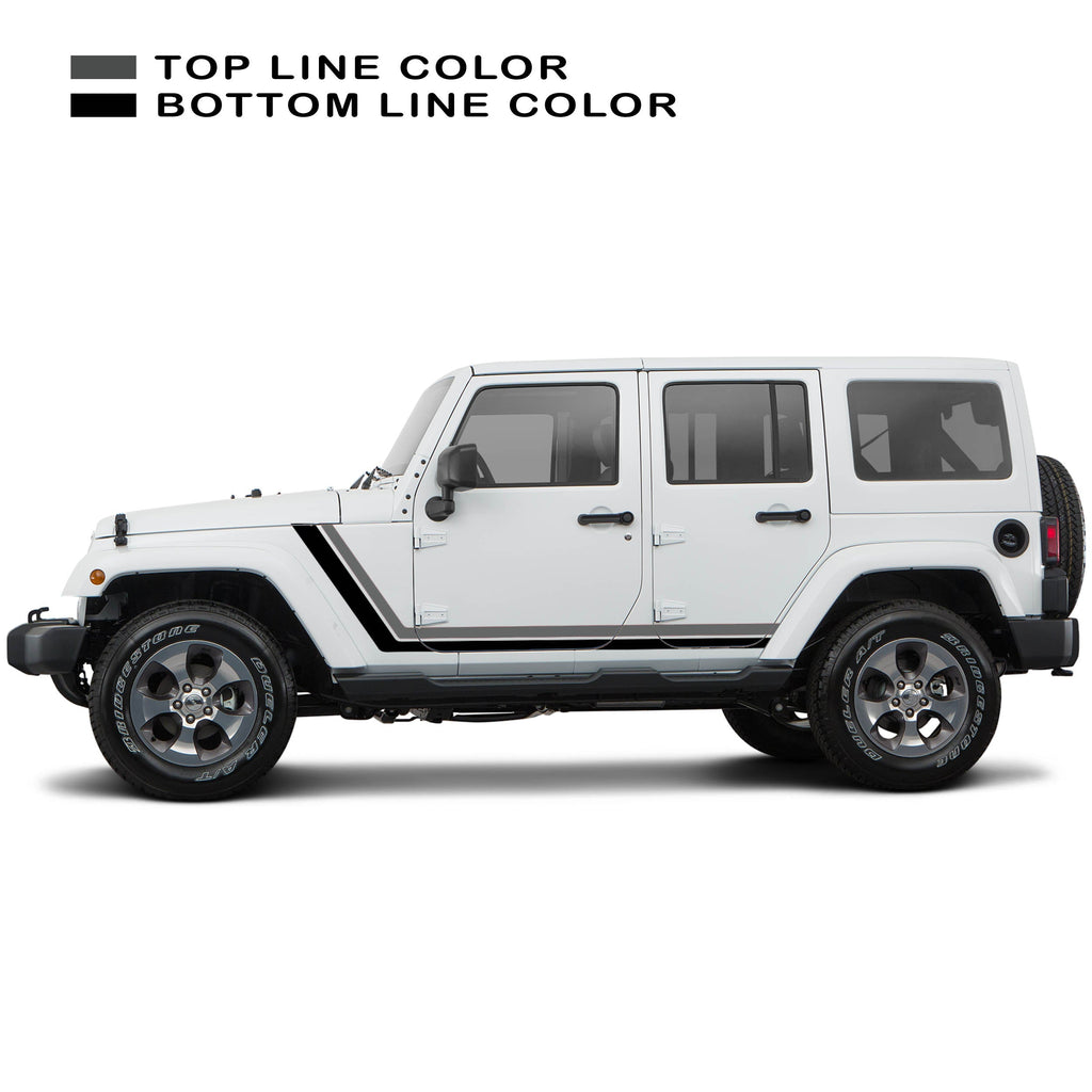 Dark grey black retro body stripe kit decal shown on white Jeep Wrangler JKU four door profile