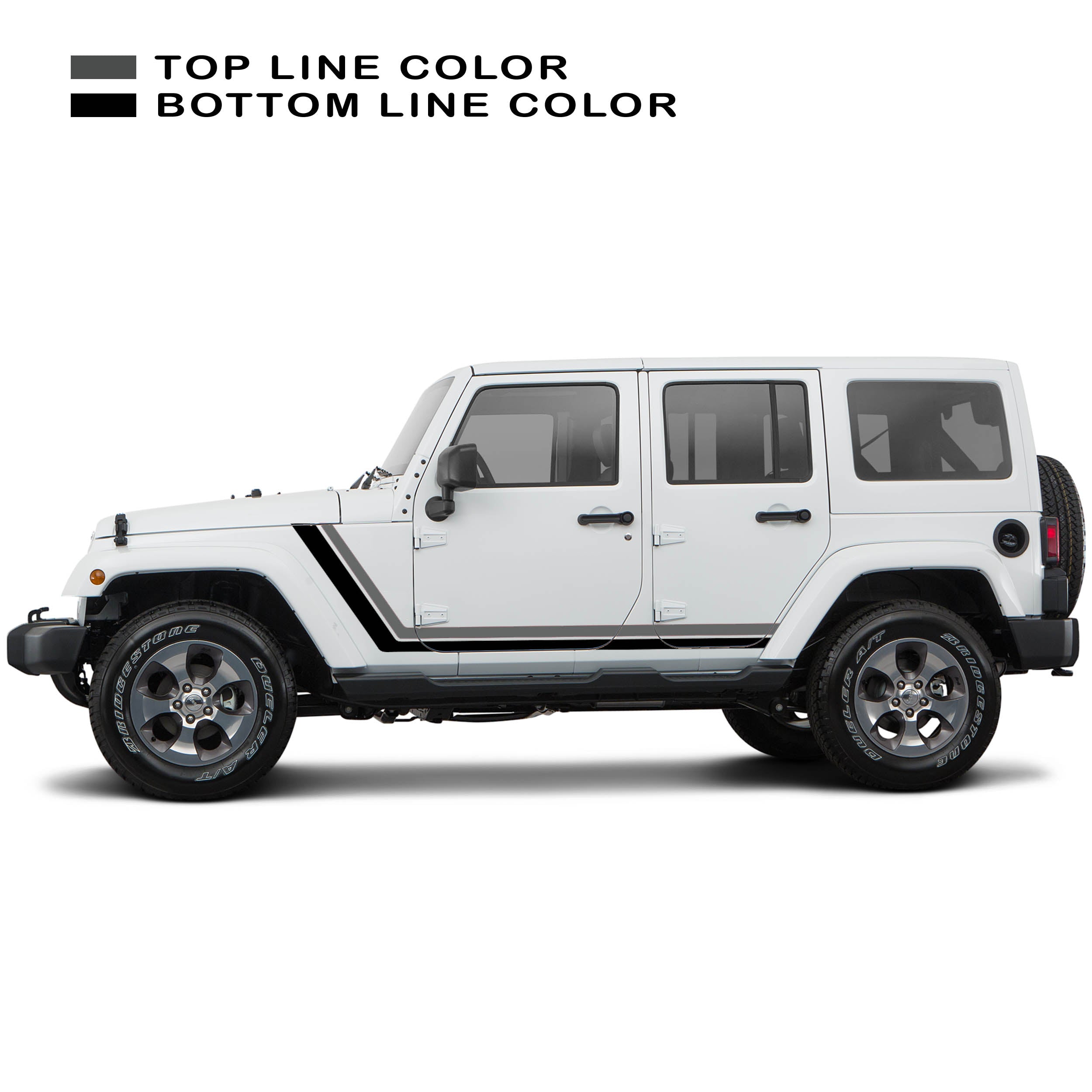 Dark grey black retro body stripe kit decal shown on white Jeep Wrangler JKU four door profile