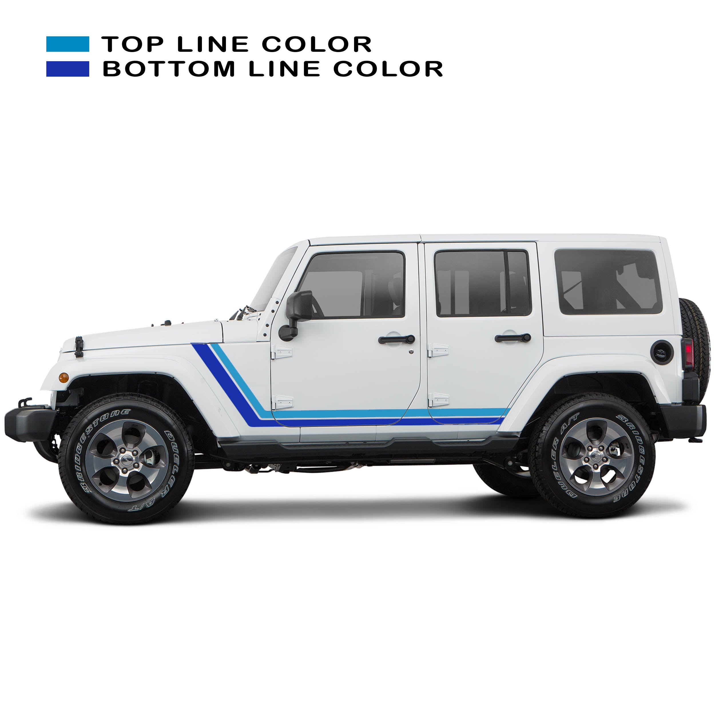 Light blue baby blue retro body stripe kit decal shown on white Jeep Wrangler JKU four door