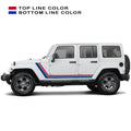 Red blue retro body stripe kit decal shown on white Jeep Wrangler JKU 4 door side profile