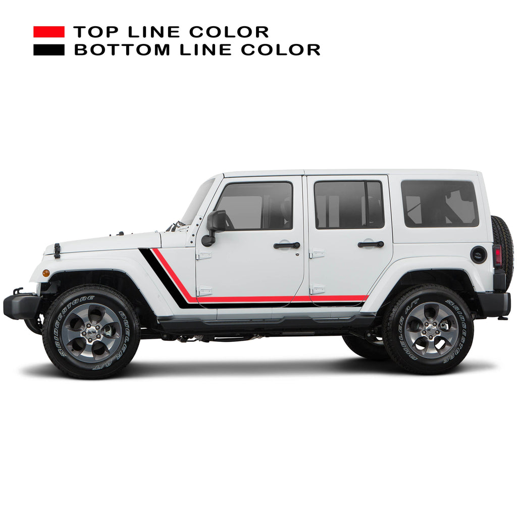 Red black retro body stripe kit decal shown on white Jeep Wrangler JKU 4 door side profile