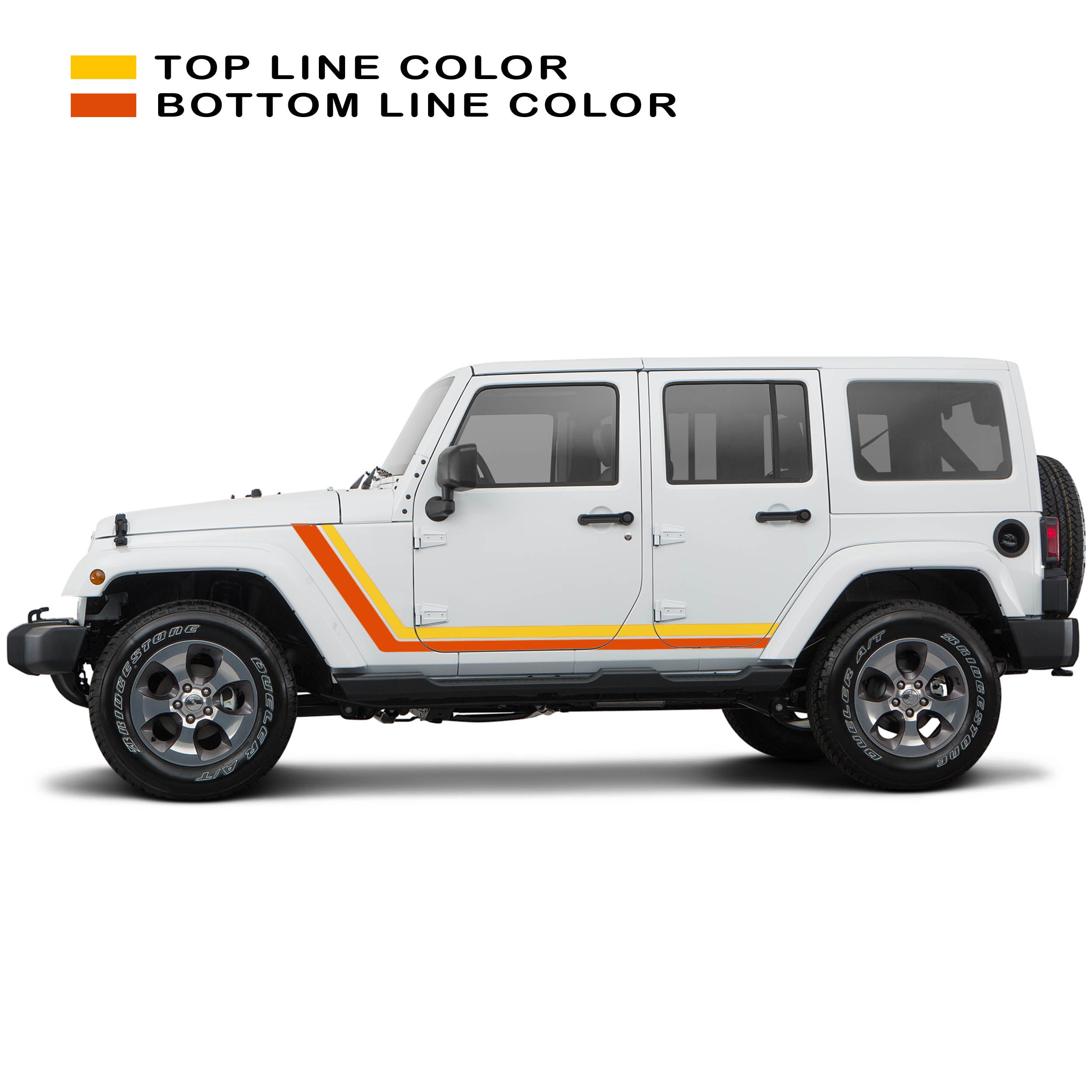 Yellow orange retro body stripe kit decal shown on white Jeep Wrangler JKU 4 door 2007 2018