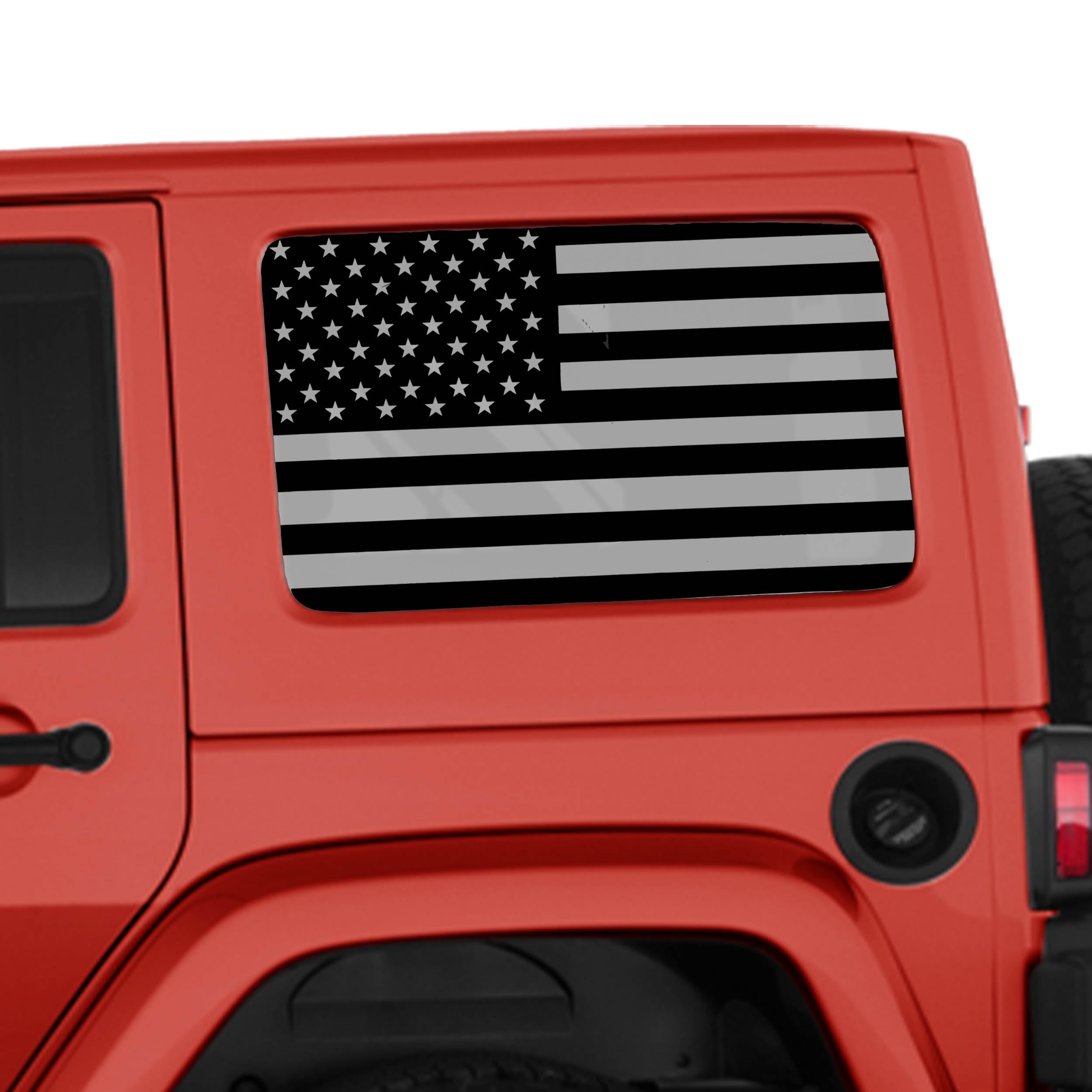 Black American flag transfer decal applied to JKU hardtop window pair on Jeep Wrangler shown installed