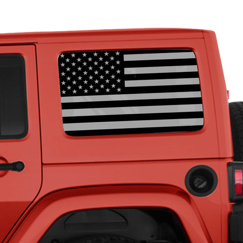 Black American flag transfer decal applied to JKU hardtop window pair on Jeep Wrangler shown installed