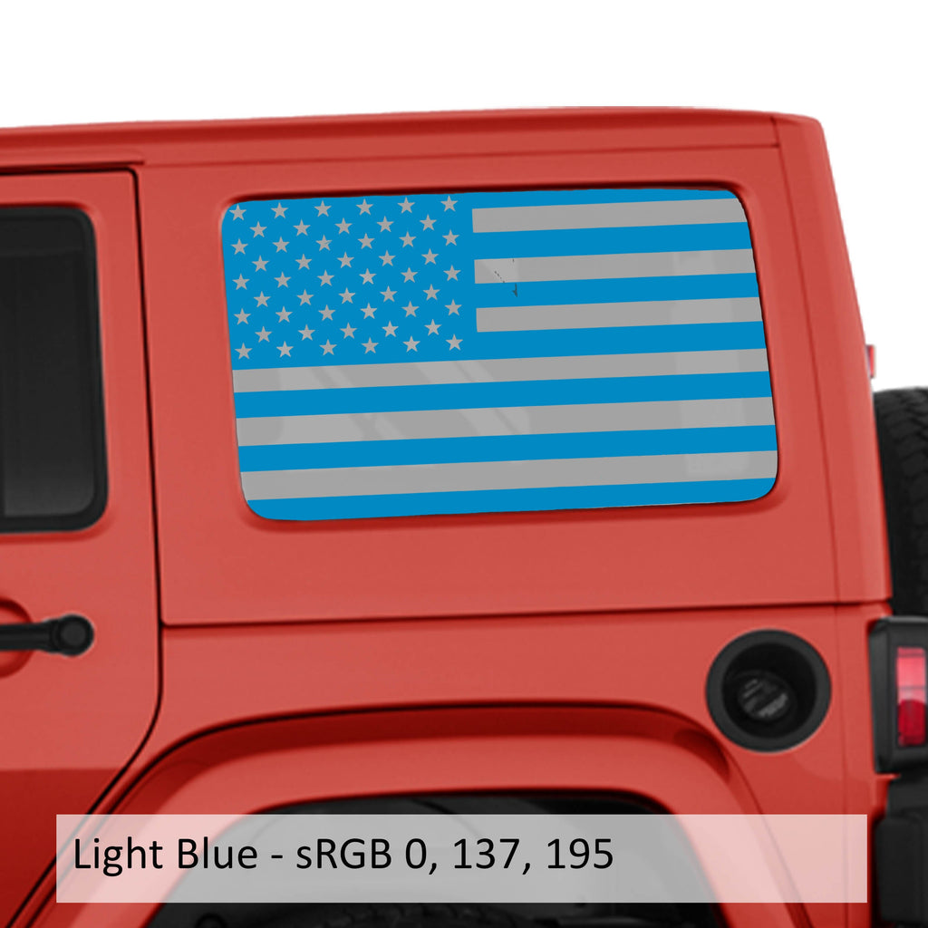 Light blue American flag transfer decal applied to JKU hardtop window pair on Jeep Wrangler shown installed