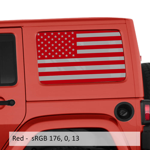 Red American flag transfer decal applied to JKU hardtop window pair on Jeep Wrangler shown installed
