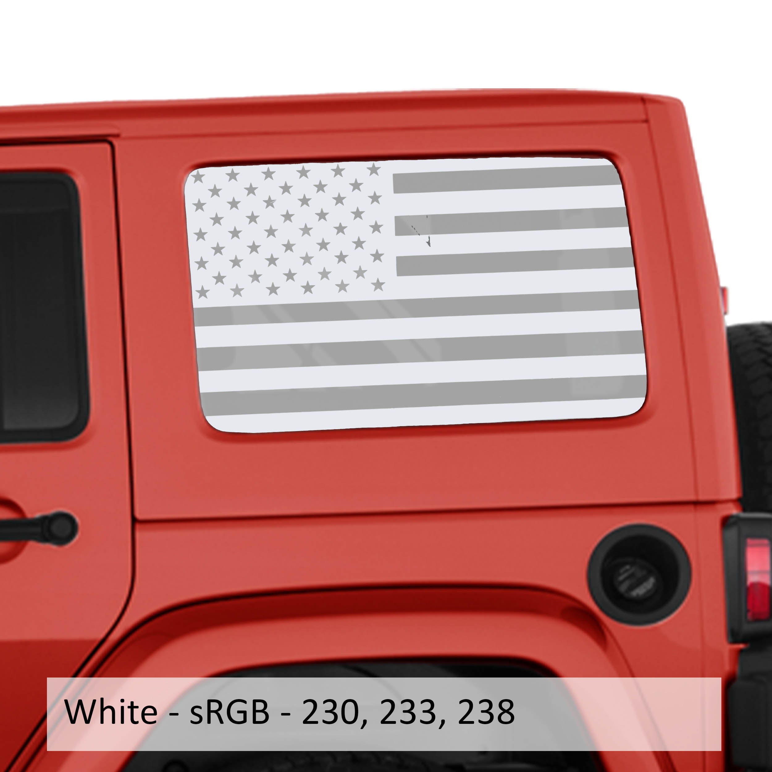 White American flag transfer decal applied to JKU hardtop window pair on Jeep Wrangler shown installed
