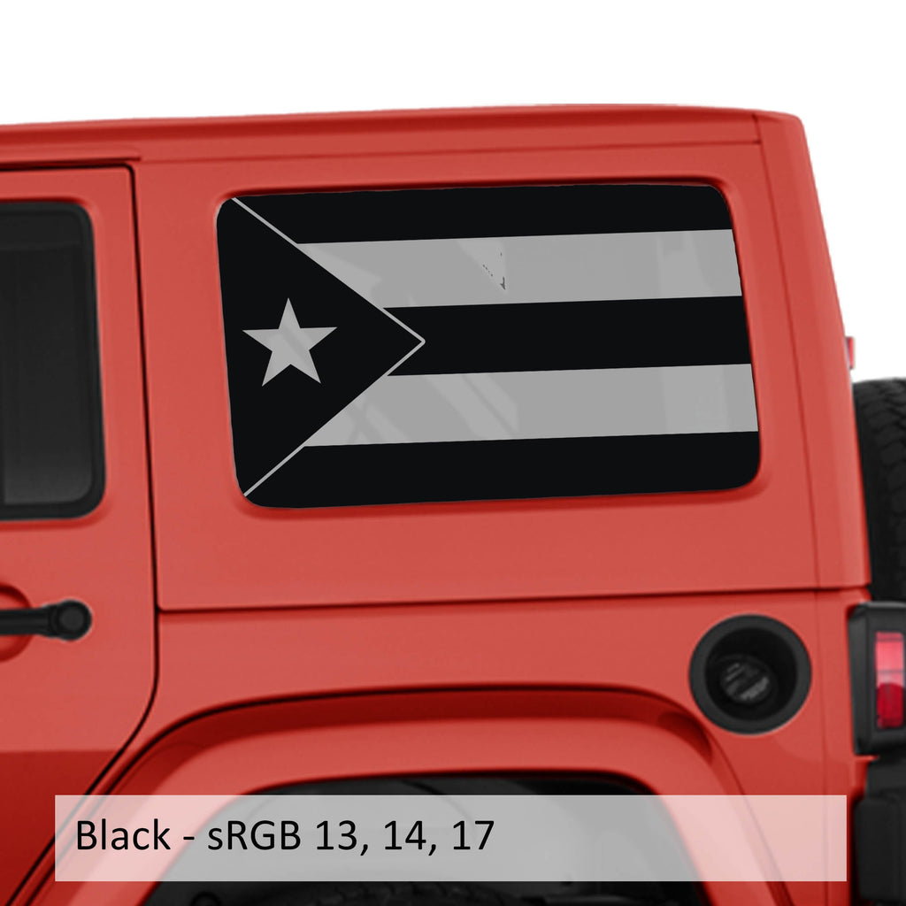 Black Puerto Rico flag hardtop window decal set on Jeep Wrangler JKU 2007-2018 rear
