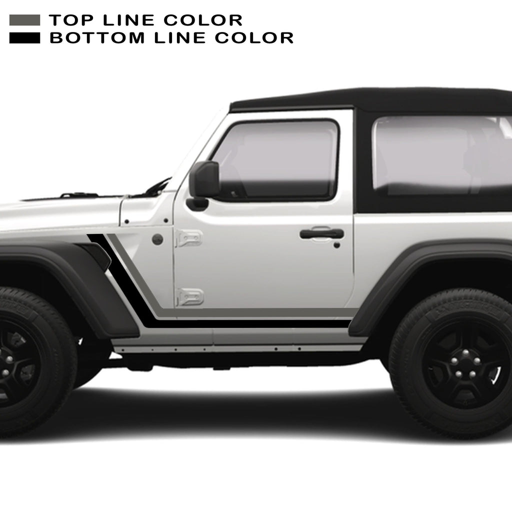 Dark gray and black retro body stripe kit on white Jeep Wrangler JL 2-door 2018+ side door
