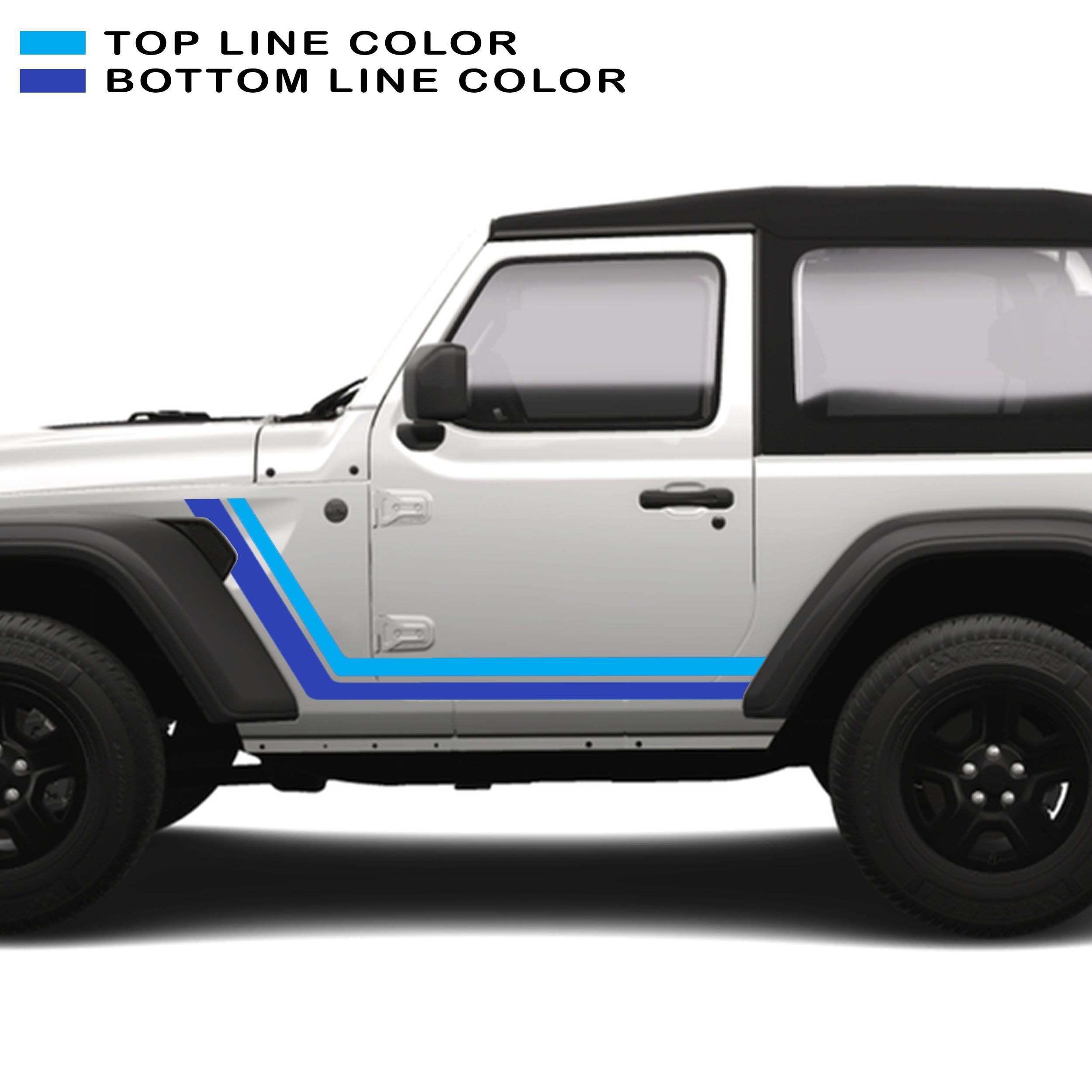 Light blue and dark blue retro body stripe kit on white Jeep Wrangler JL 2-door 2018+ panel