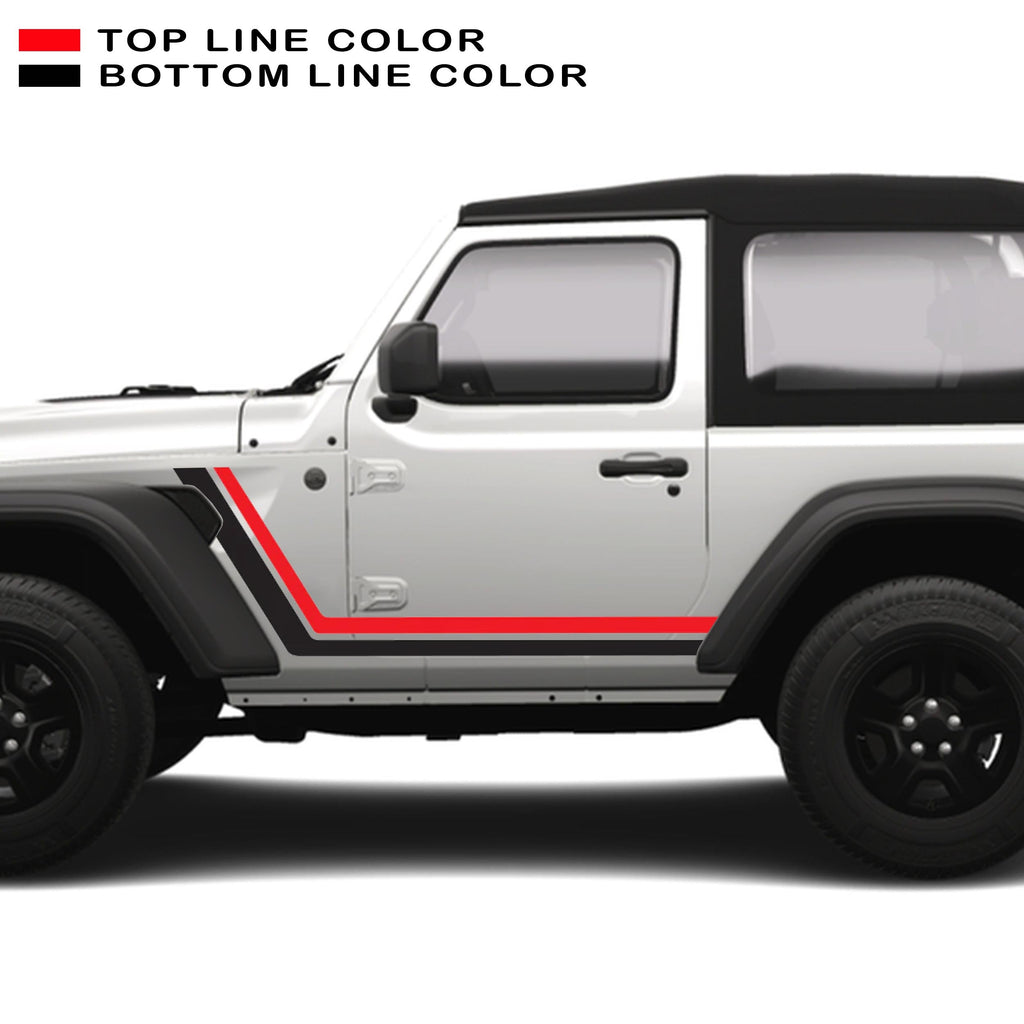 Red and black retro body stripe kit on white Jeep Wrangler JL 2-door 2018+ side body graphic