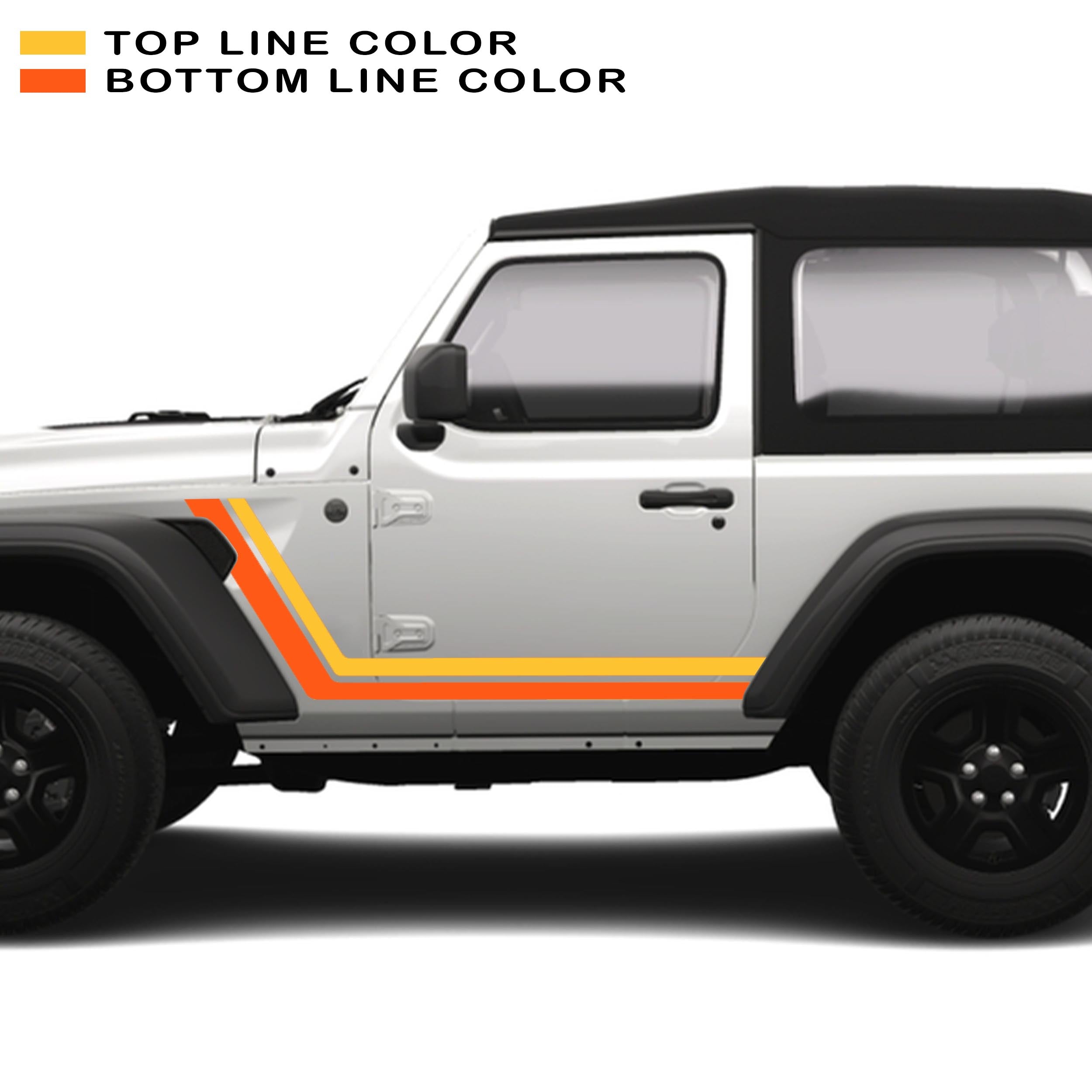 Yellow and orange retro body stripe kit on white Jeep Wrangler JL 2-door 2018+ side panel