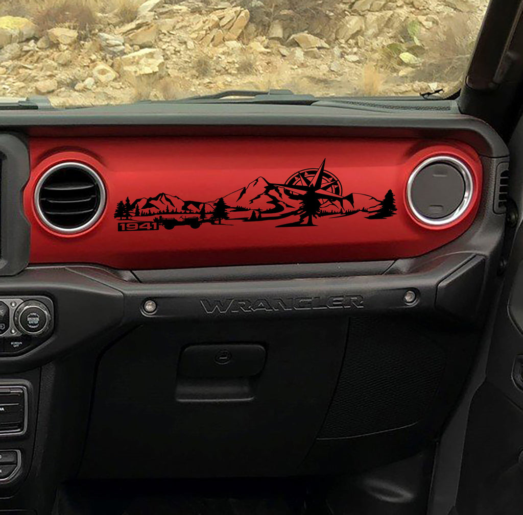 Black 1941 Willys mountain compass dashboard decal on red Jeep JL dash, peaks compass artwork