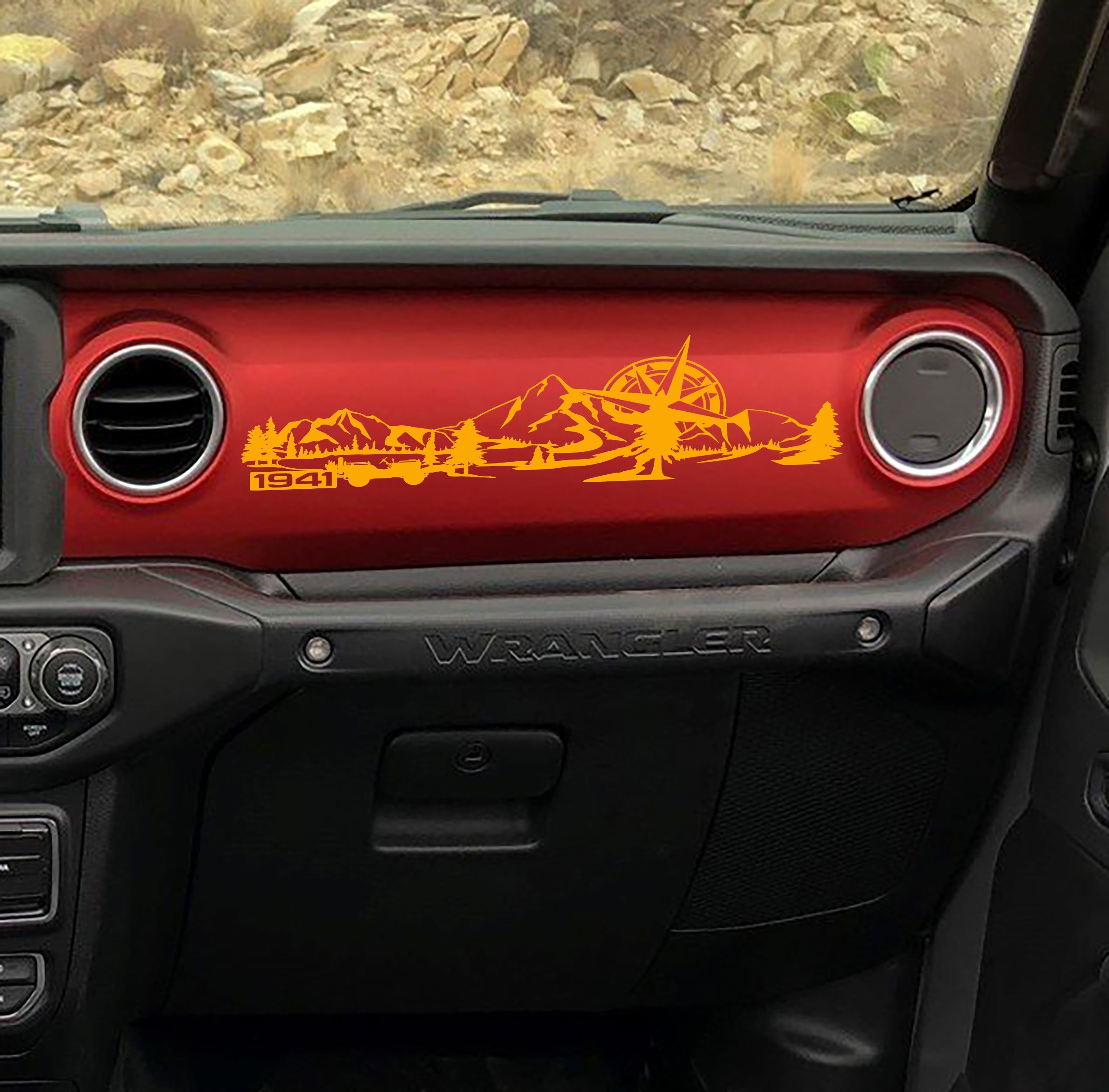 Golden yellow 1941 Willys mountain compass dashboard decal on Jeep JL, peaks compass silhouette